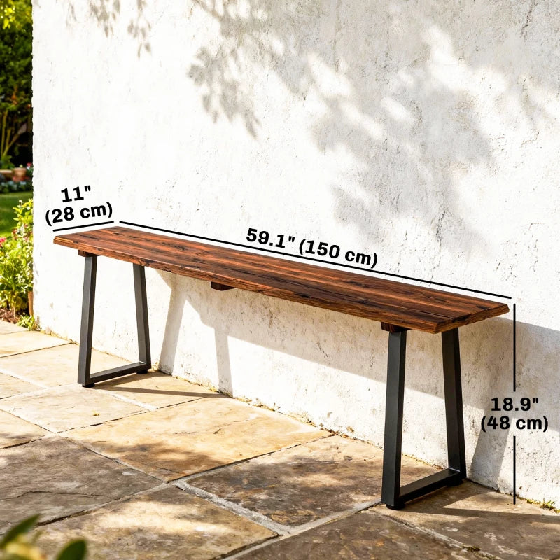 Wood Outdoor Bench for 2 People, 59" Backless Patio Garden Bench with Trapezoidal Steel Legs