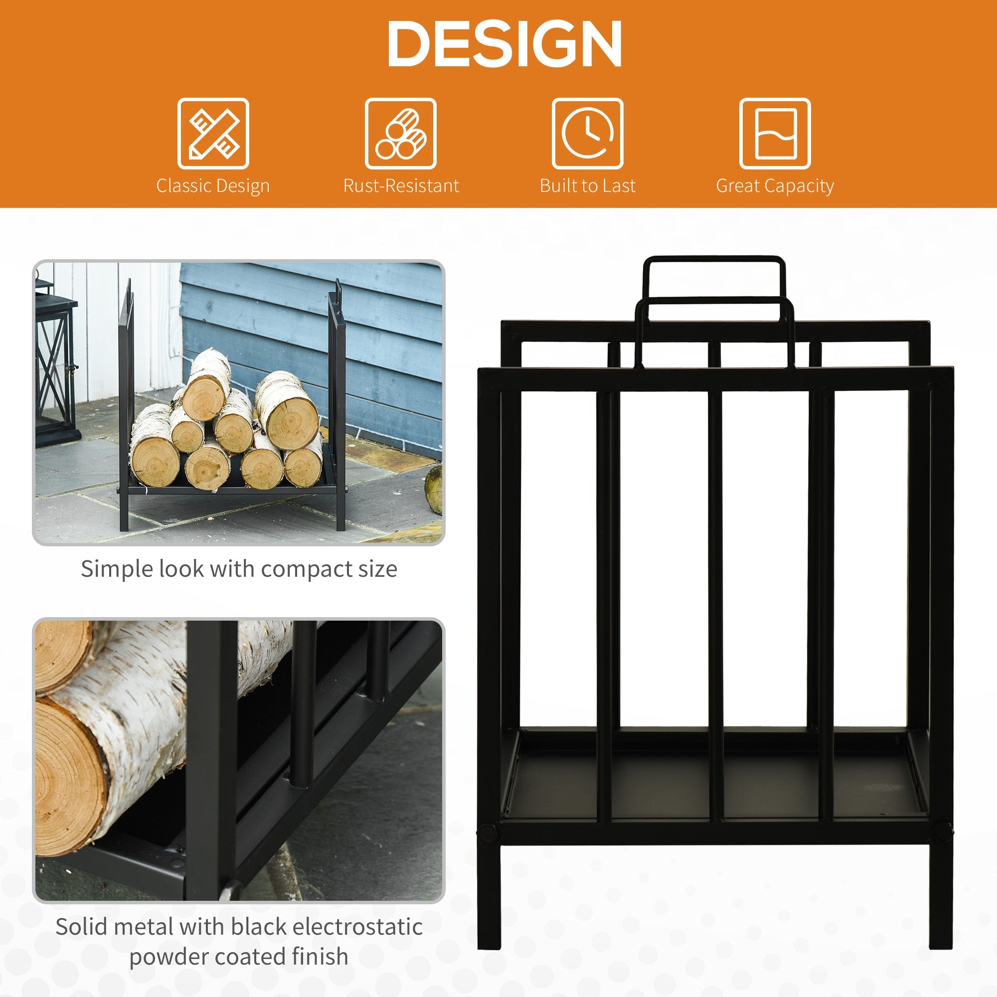 Outsunny 15.5" Firewood Rack Heavy-Duty Metal Wood Storage Log Holder with Side Handles, Indoor and Outdoor, Black 