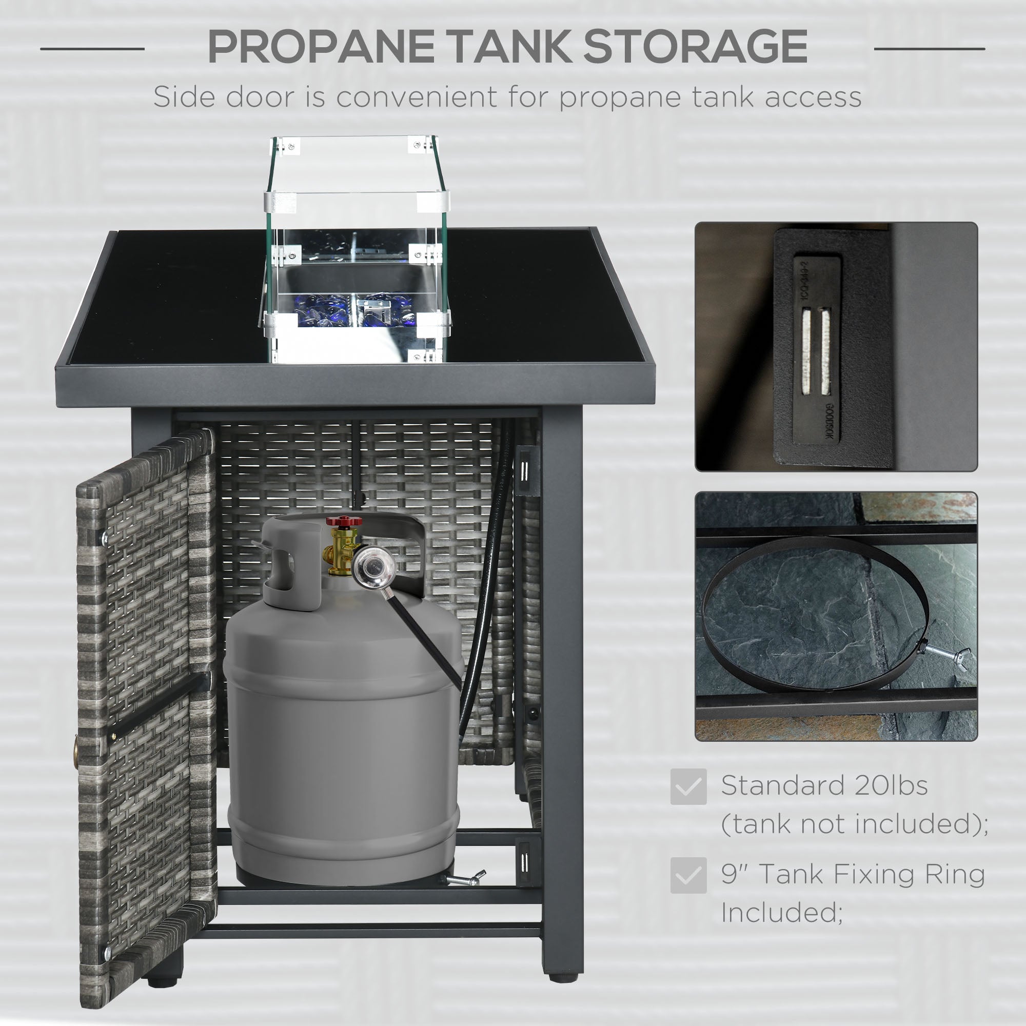 Outsunny 43 Inch Propane Fire Pit Table, 50,000 BTU Pulse-Ignition Wicker Firepit Furniture with Glass Wind Guard, Blue 