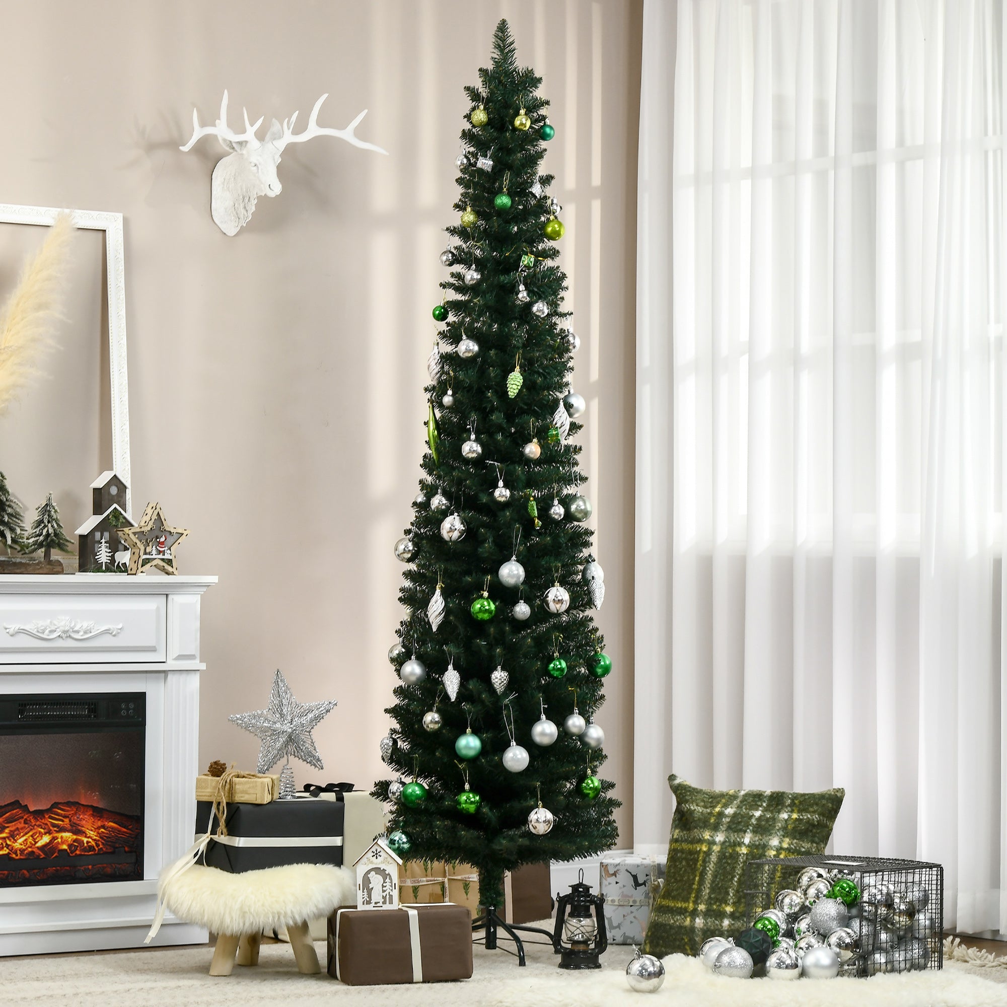 HOMCOM 7FT Artificial Christmas Tree Xmas Pencil Tree Holiday Home Indoor Decoration with Foldable Black Stand for Party, Green 