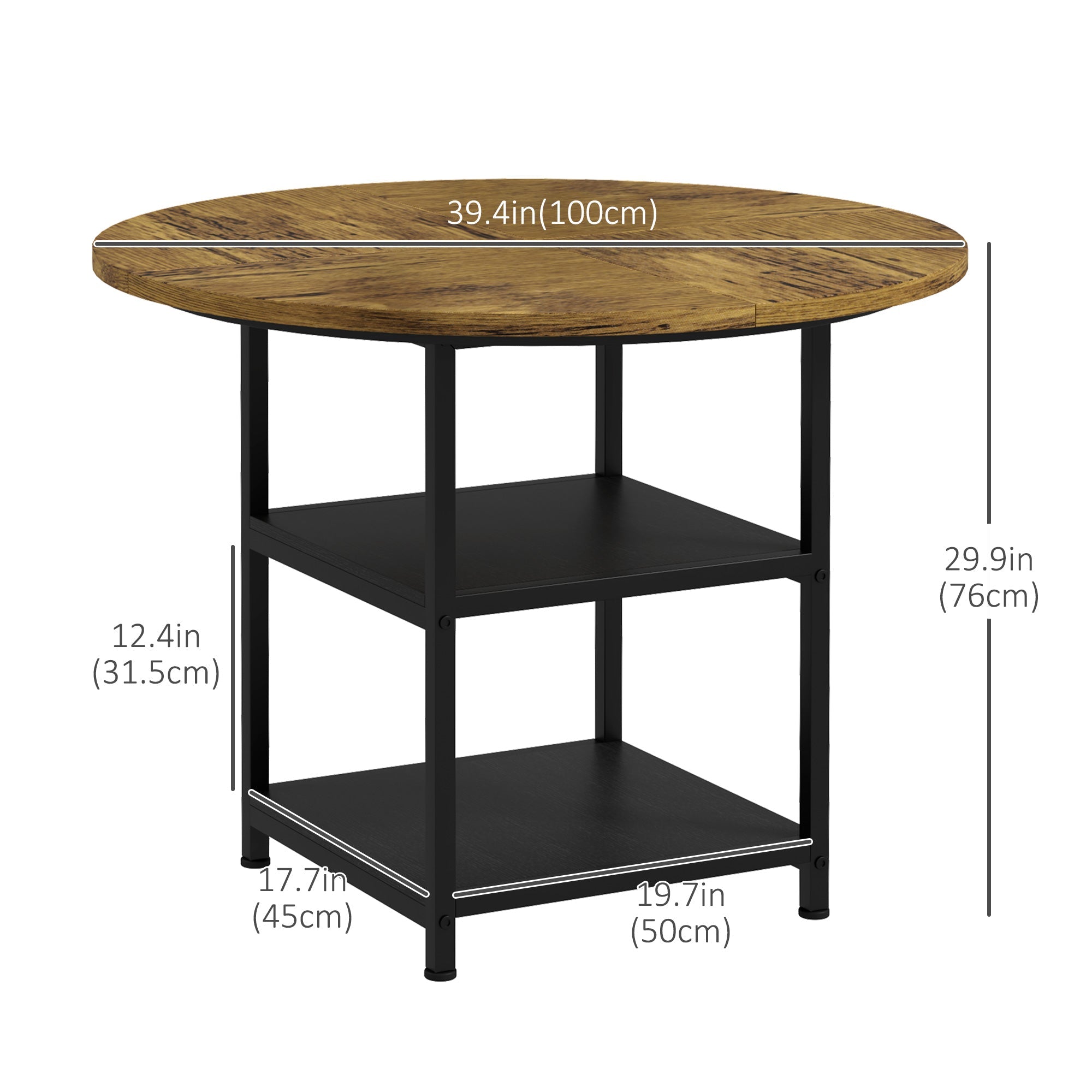 HOMCOM 39.4" Round Industrial Dining Table for 4-6 People with Storage Shelves Rustic Brown Kitchen Table 