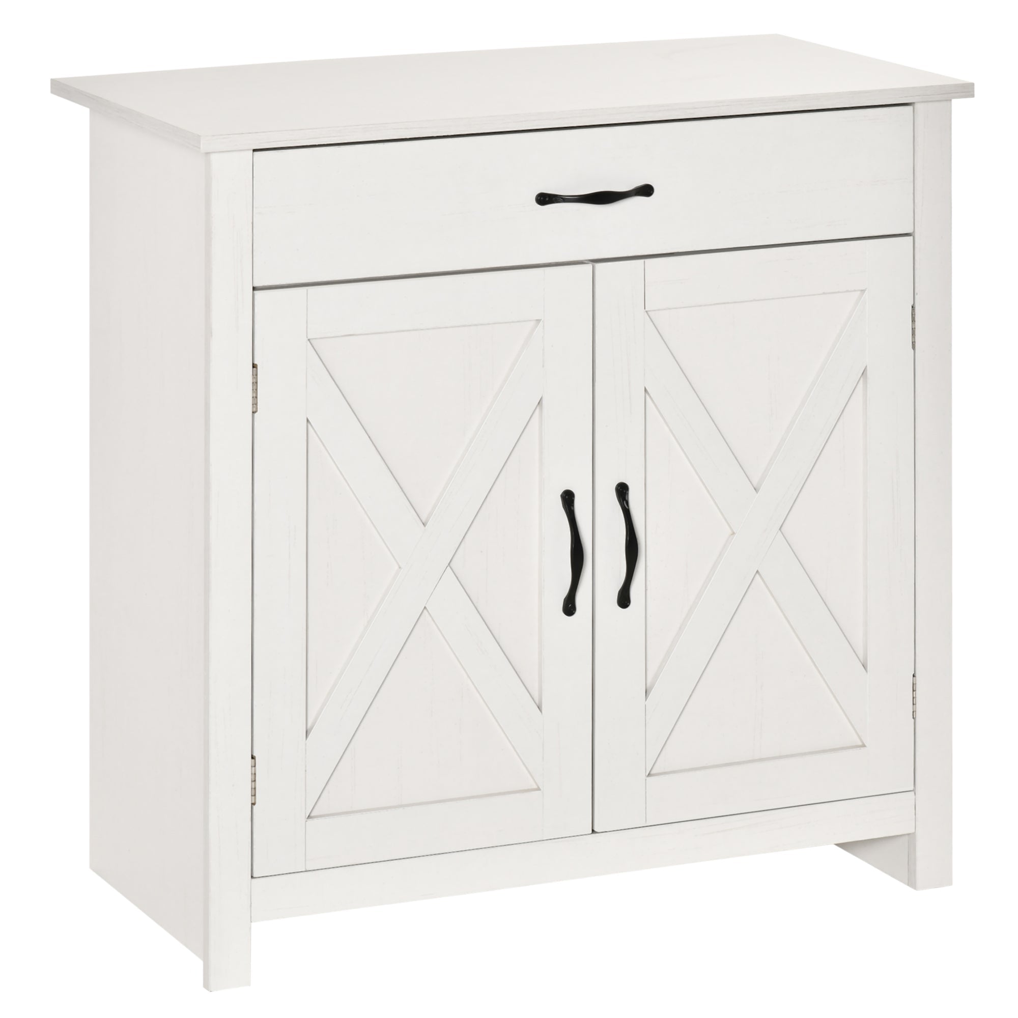 HOMCOM Distressed White Barn Door Cabinet: Farmhouse Sideboard Buffet Storage Coffee Bar for Living Room, Entryway, White Wash Finish 