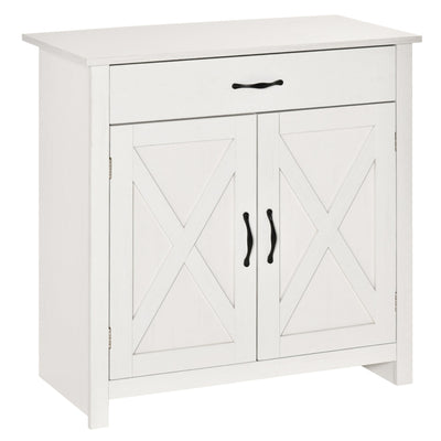 HOMCOM Distressed White Barn Door Cabinet: Farmhouse Sideboard Buffet Storage Coffee Bar for Living Room, Entryway, White Wash Finish 