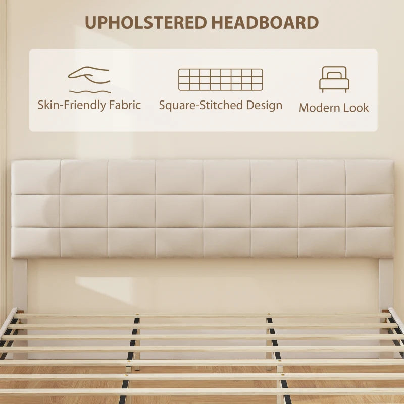 King Size Bed Frame with Upholstered Headboard, Modern Platform Bed Frame with Wood Slats, 1100 lbs Capacity, Cream White