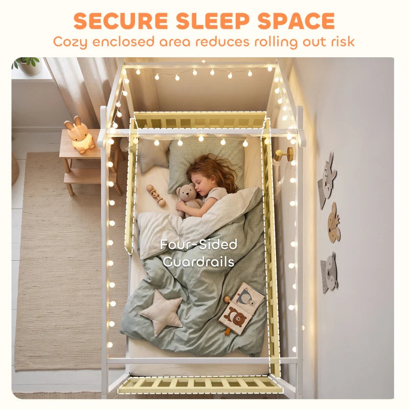 Twin House Bed Frame with Roof, Solid Wood Montessori-Style Kids Bed with Guardrails – White