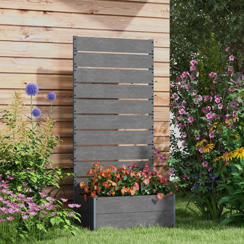 Raised Garden Bed with Trellis, Freestanding Elevated Planter Box for Climbing Vines, 28" x 15" x 59", Dark Grey