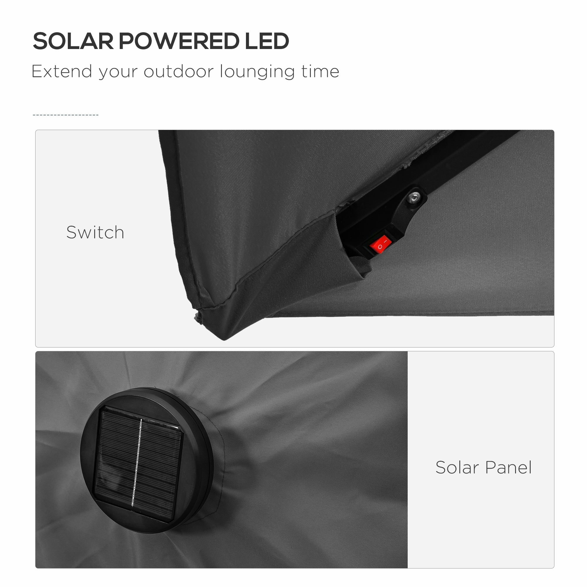 Outsunny 6x10FT Rectangular Patio Umbrella: Solar LED Lights Tilt Crank Outdoor Shade Dark Grey 