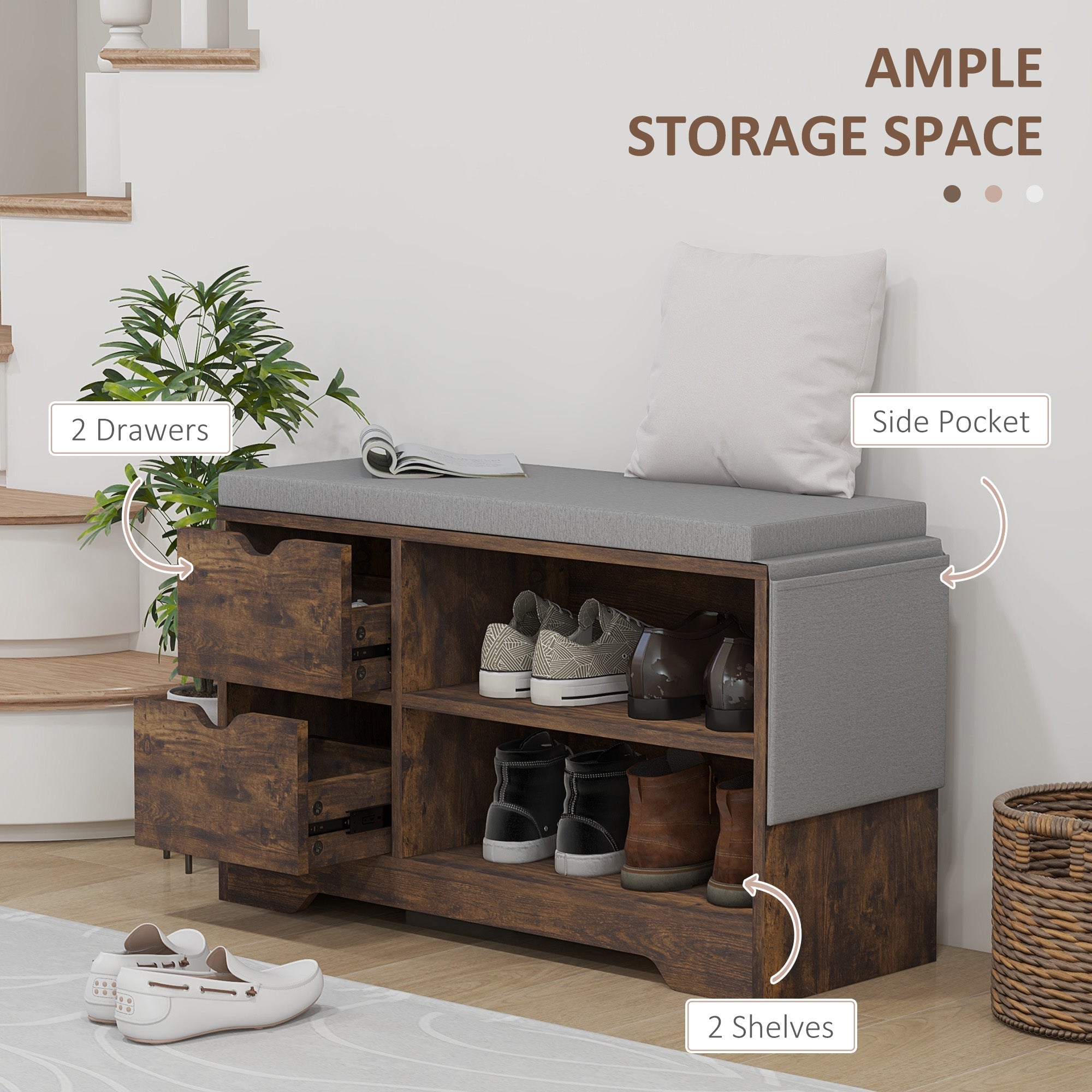 HOMCOM Upholstered Shoe Storage Bench w/ Seat, Entrance Bench w/ Drawer Open Shelves and Pocket for Hallway, Rustic Brown 