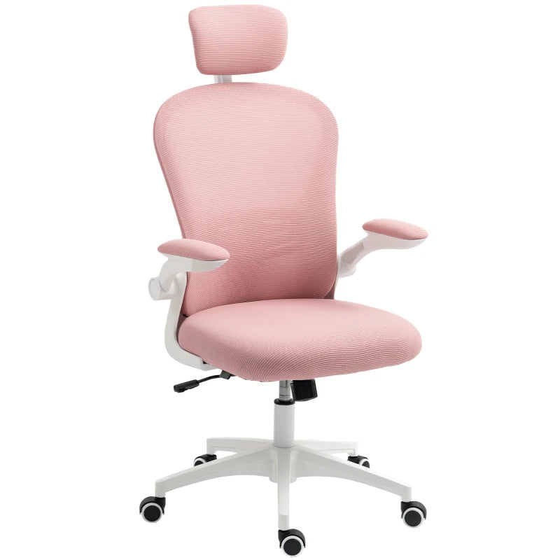 Office Chair, Mesh Computer Desk Chair with Adjustable Headrest, 4D Lumbar Support, Flip-up Arm, Pink