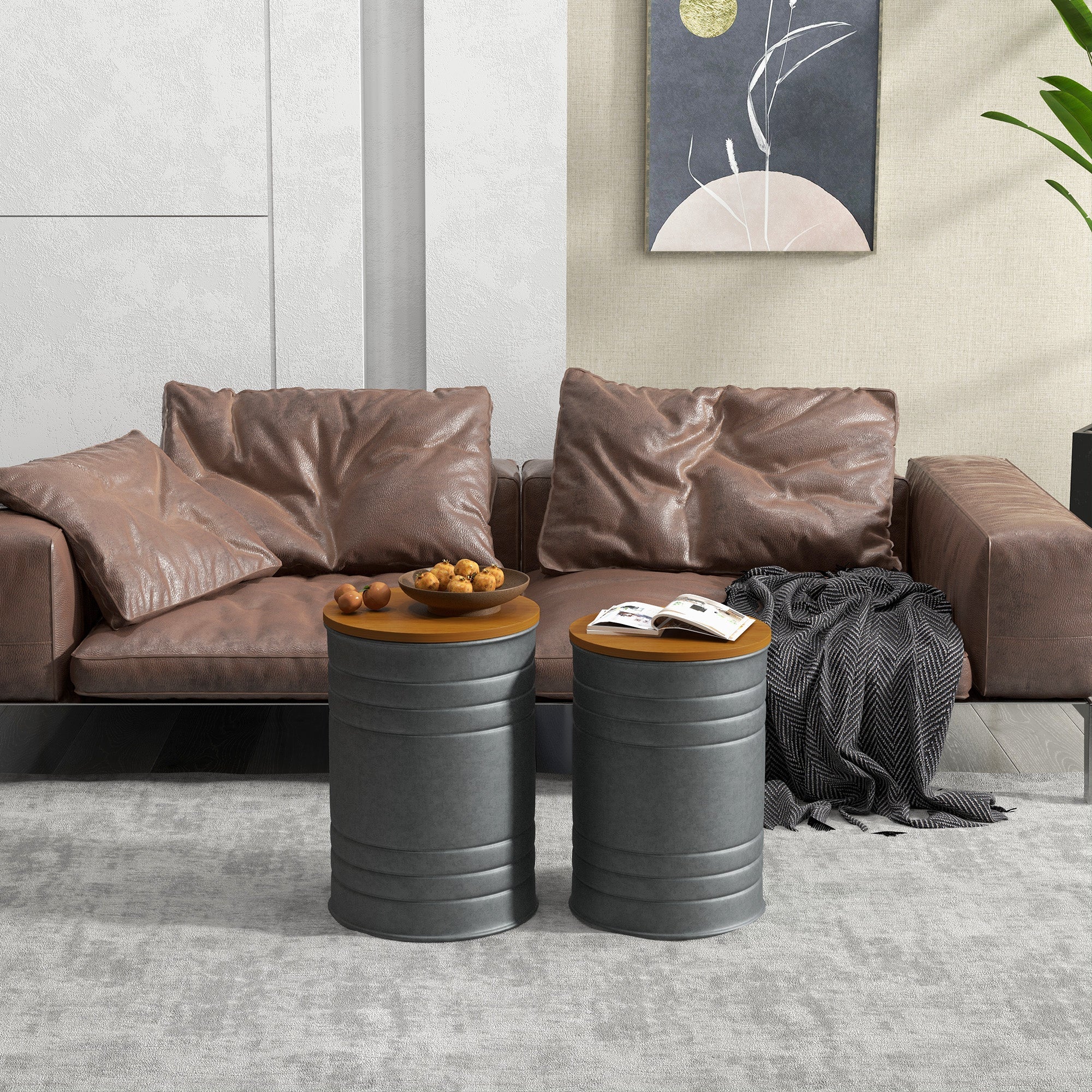 HOMCOM Round Side Table Set of 2, Nesting Coffee Tables w/ Wooden Lid, Galvanized Sheet Frame and Hidden Storage Space, Grey 