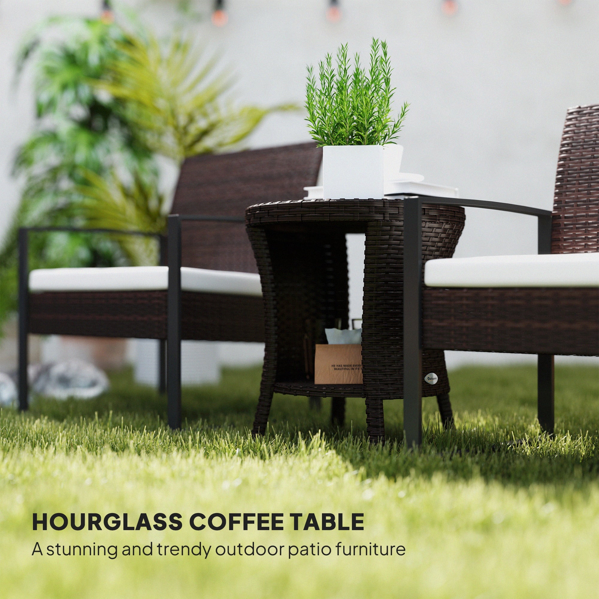Outsunny 18" Wicker Outdoor Coffee Table, PE Rattan Patio Side Table with 2-Tier Storage, Composite Wood Top, Brown 