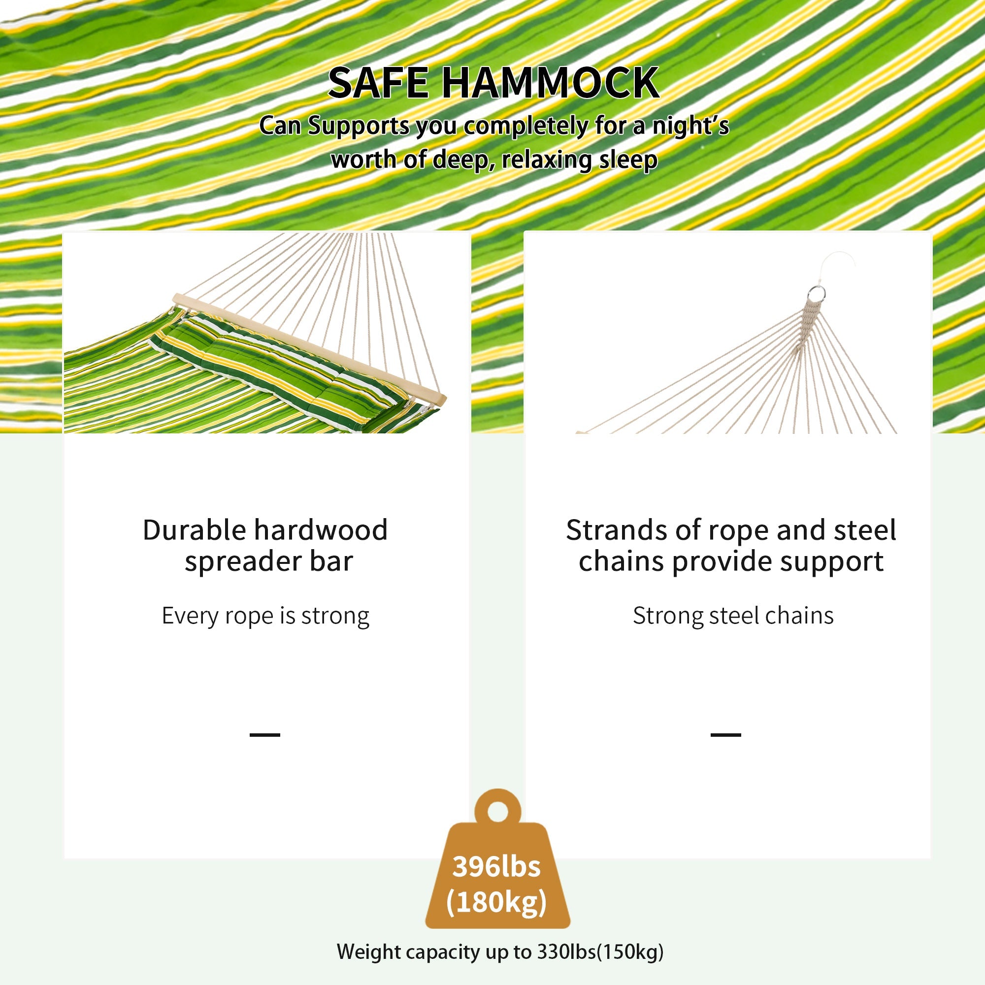 Outsunny Patio Hammock 75" Outdoor Striped Camping Lounge Bed with Pillow Durable Garden Green 