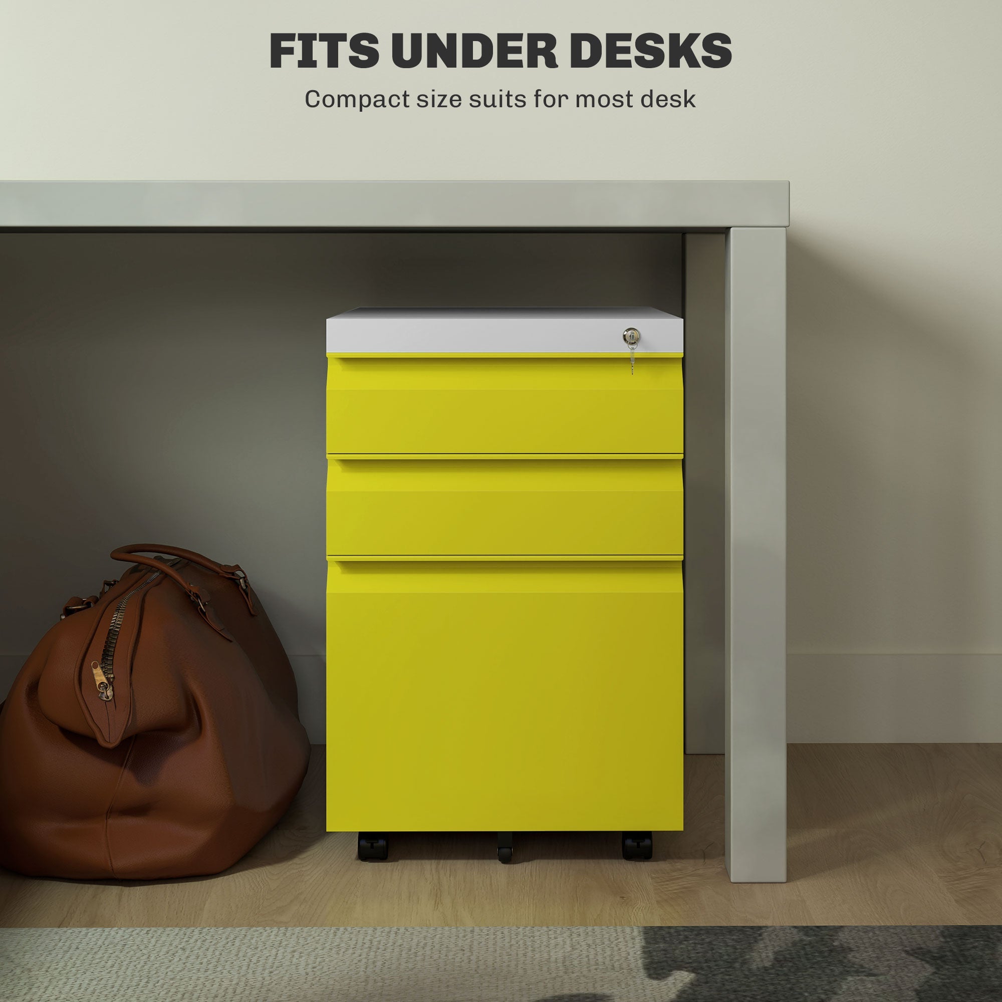 Vinsetto 3 Drawer Lockable Filing Cabinet on Wheels for Legal Letter A4 Files Yellow 