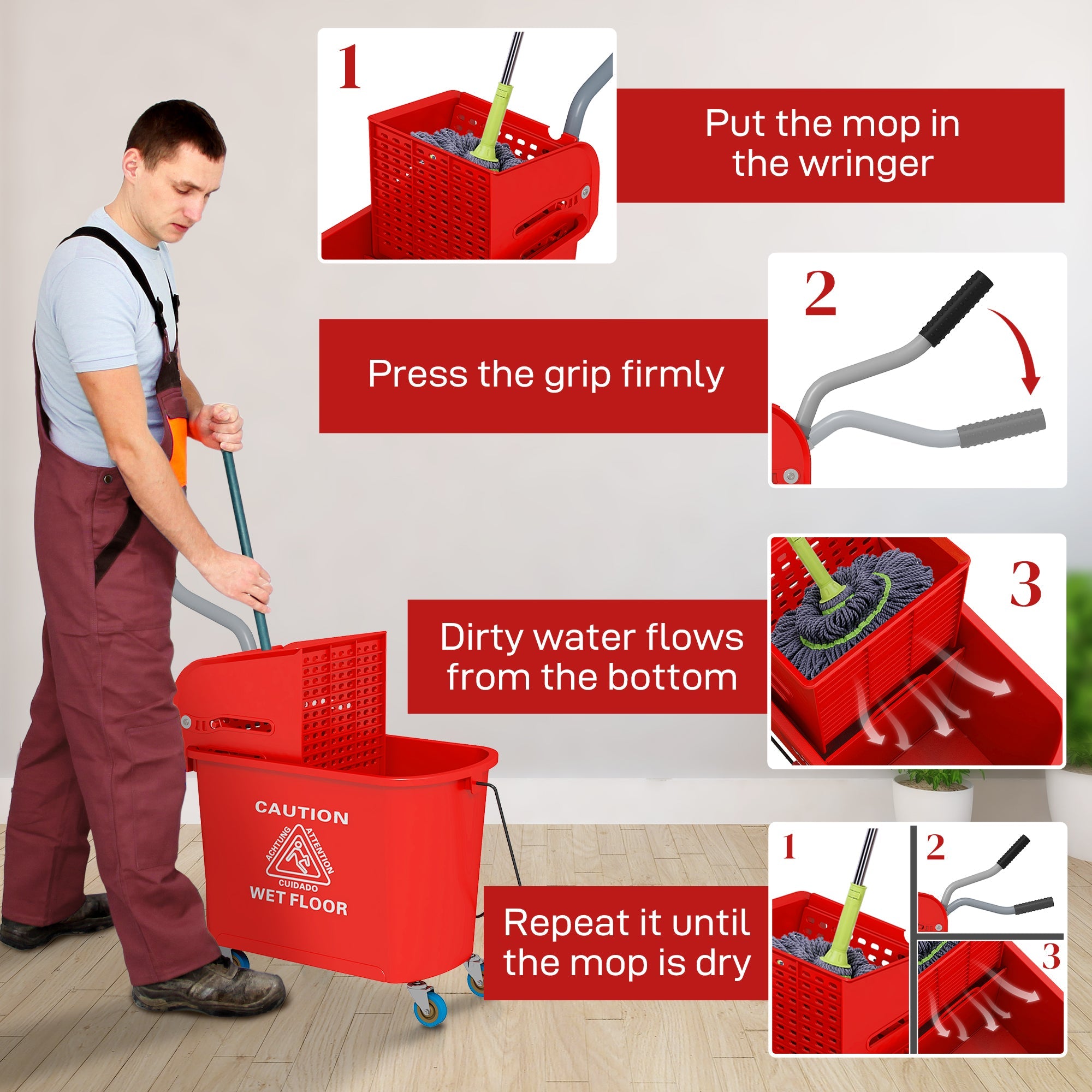 HOMCOM Mop Bucket with Wringer, Mop Bucket on Wheels for Floor Cleaning, 5 Gallon, Separate Dirty and Clean Water, Red 