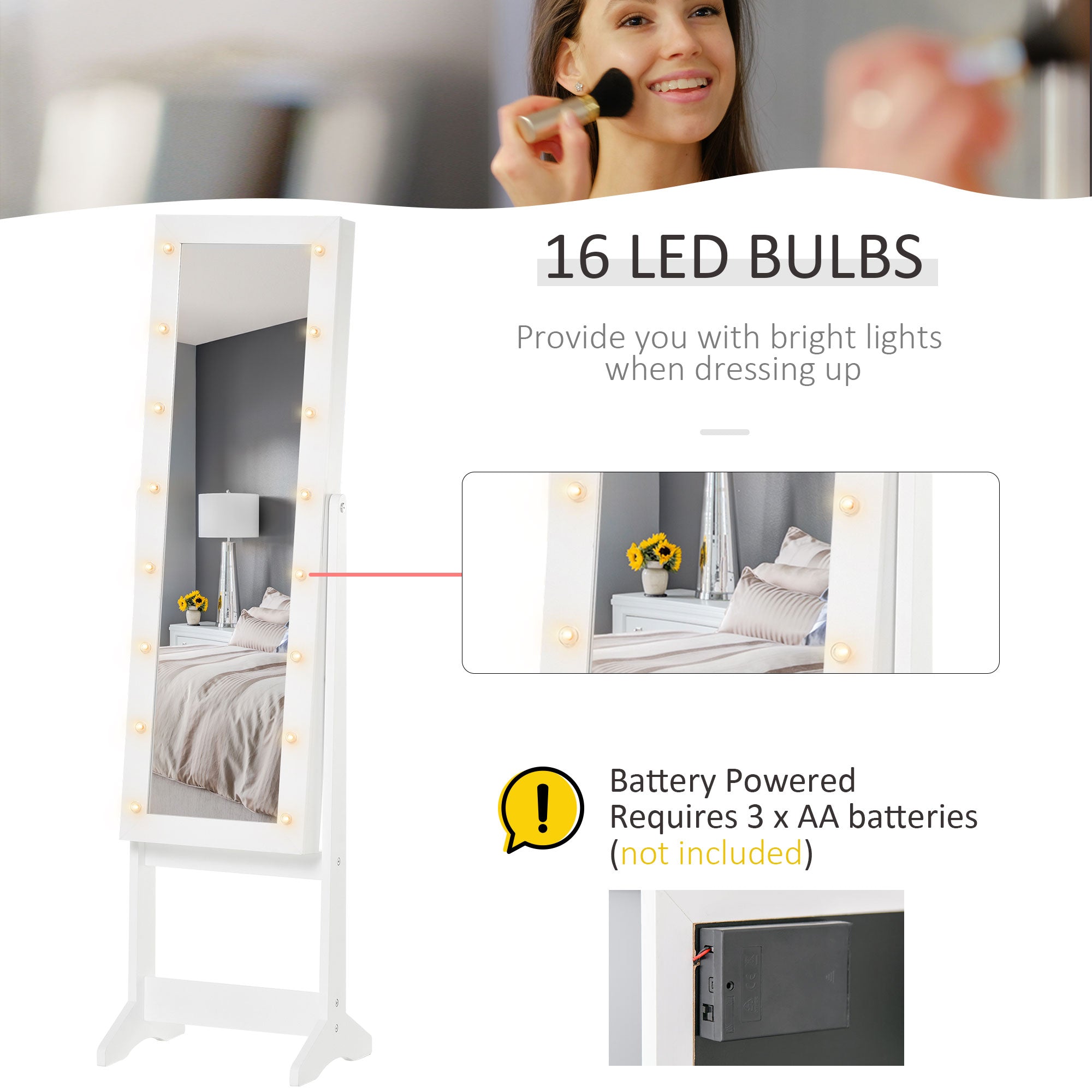 HOMCOM Lighted Jewelry Cabinet Mirrored Armoire Organizer Free Standing Storage for Necklaces Bracelets Rings Earrings Adjustable 