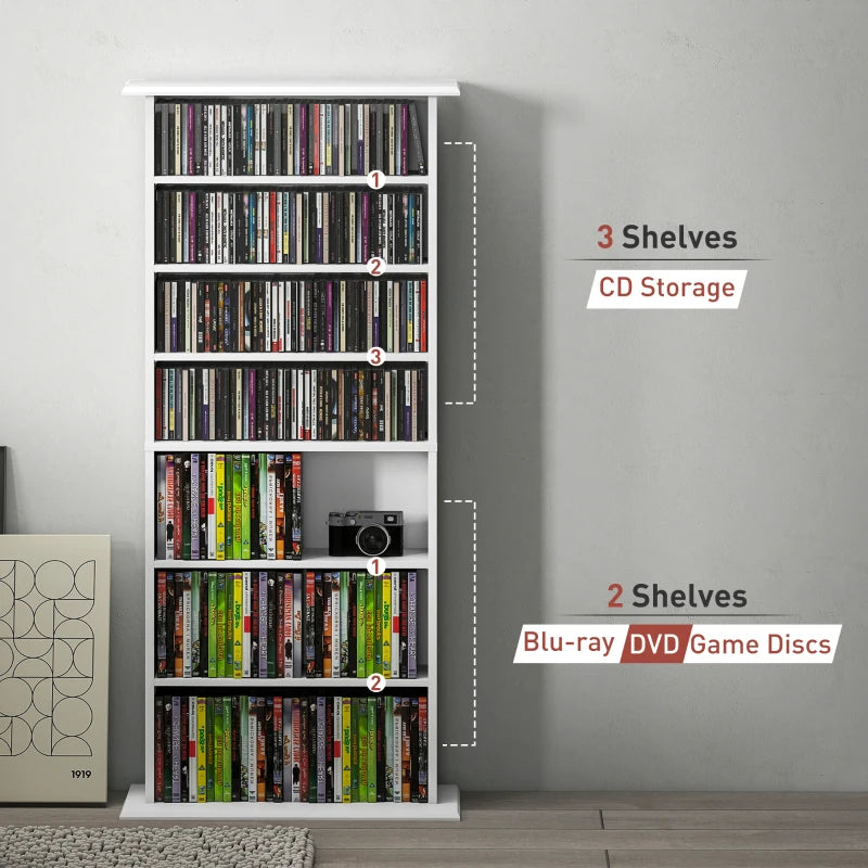 8-Tier DVD Shelf with 6 Adjustable Shelves, Slim CD Shelf, Holds 360 CDs, 185 DVDs or 185 Blu-rays, White