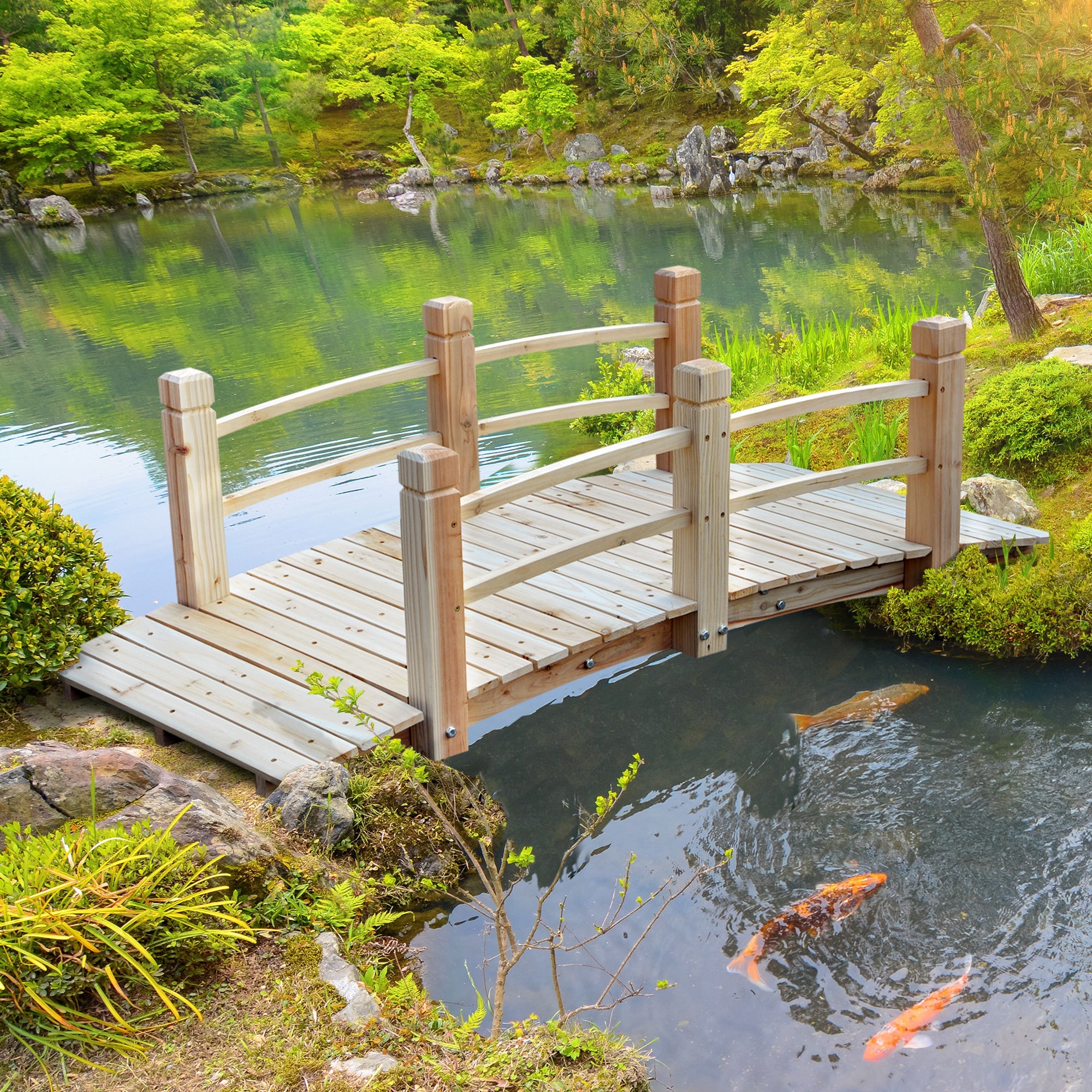 Outsunny 5FT Wooden Garden Bridge Outdoor Decorative Landscape Side Rails Moon Bridge Natural 