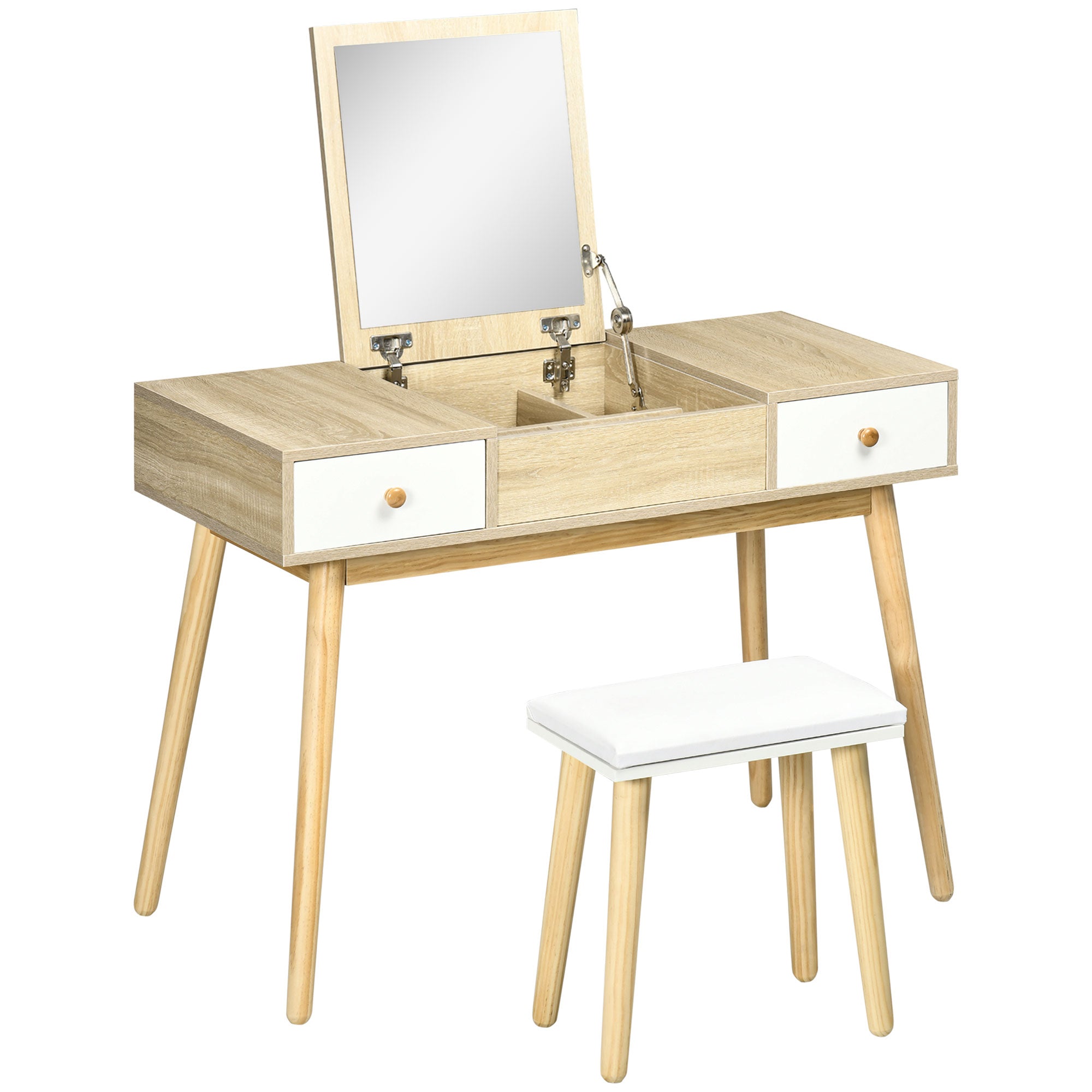 HOMCOM Dressing Table Set Flip Top Mirror Cushioned Stool Makeup Vanity Desk Natural Finish for Bedroom 