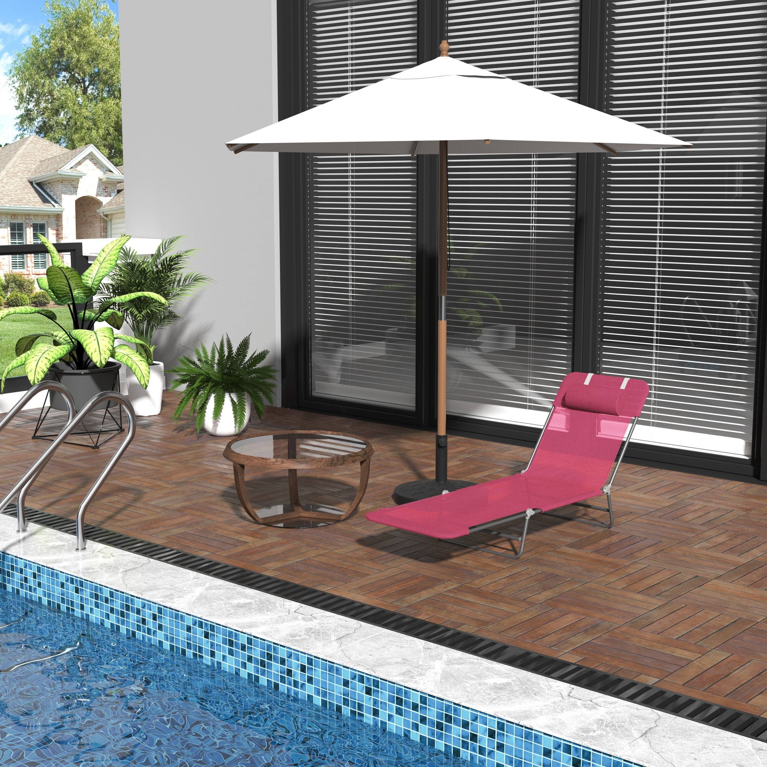 Outsunny Outdoor Lounge Chair, Portable Reclining Seat, Folding Chaise Lounge, Tanning Chair Bed with Pillow, Pink 