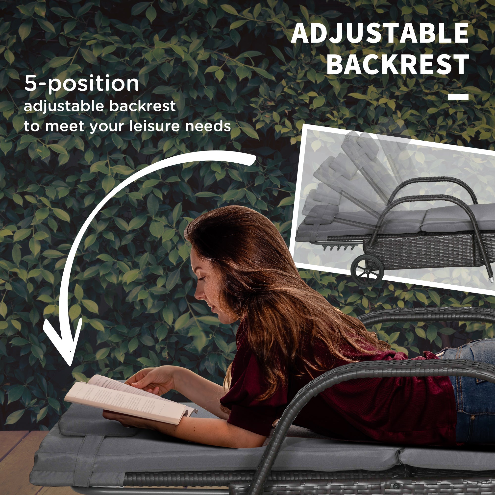 Outsunny Outdoor Lounger Deck Lounge Chair Headrest 5-Level Adjustable Backrest Wheels Deep Coffee Light Grey 