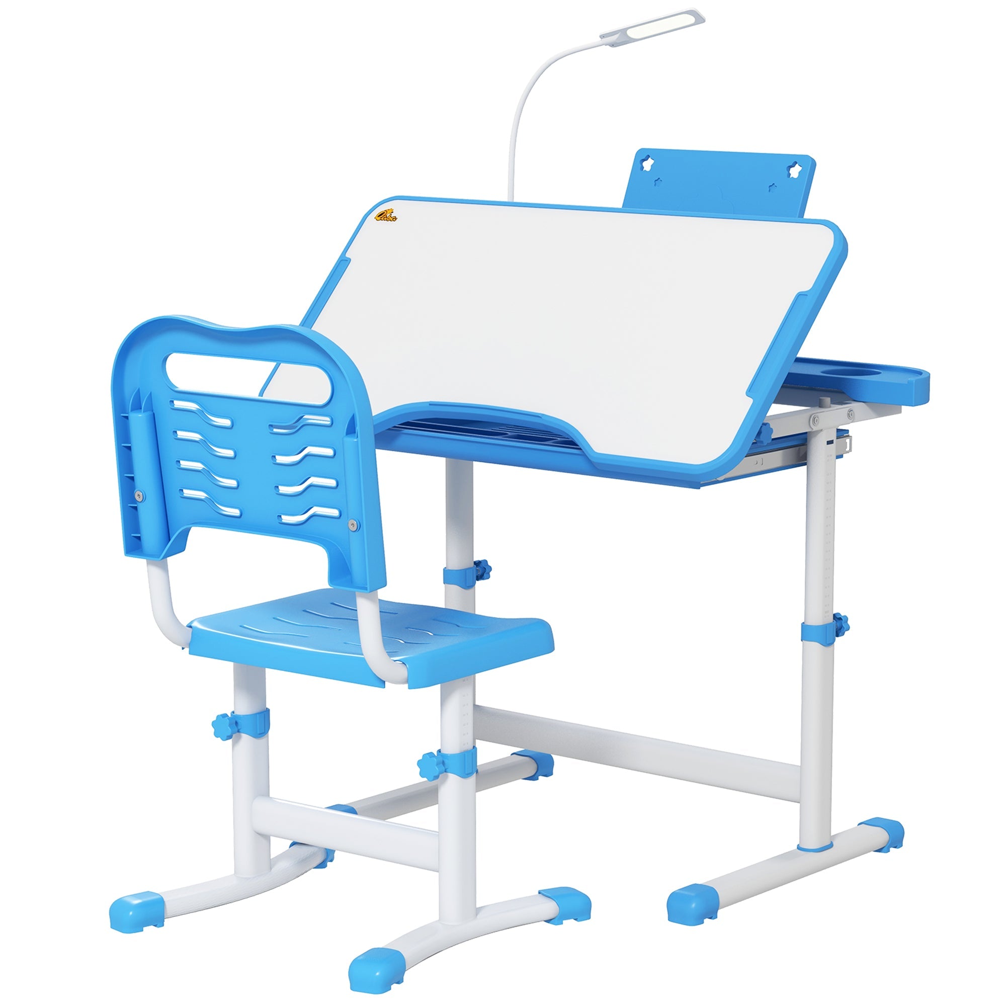 Qaba Kids Desk and Chair Set Height Adjustable Student Writing Desk Children School Study Table with Tilt Desktop, Blue 