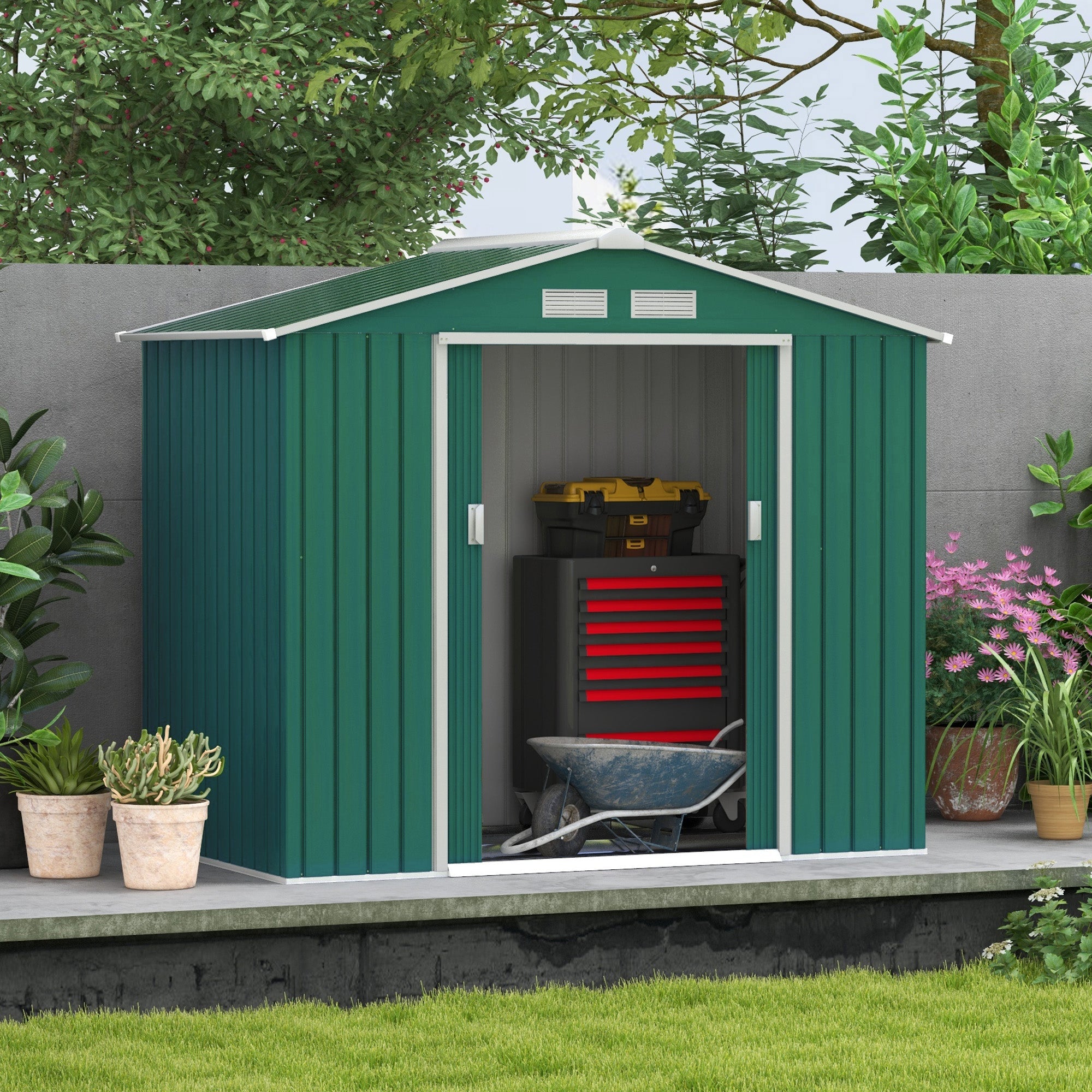 Outsunny Metal Garden Shed 7' x 4' x 6' Outdoor Storage Steel Foundation Double Doors Green 