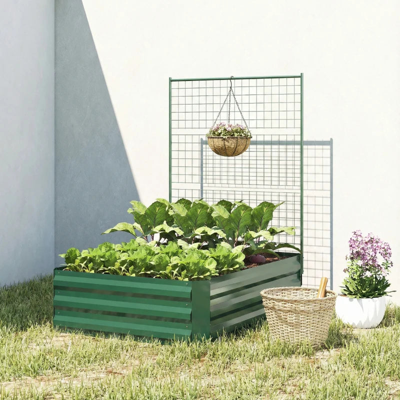 Galvanized Raised Garden Bed with Trellis for Climbing Plants, Outdoor Planter Box with Open Bottom, Green