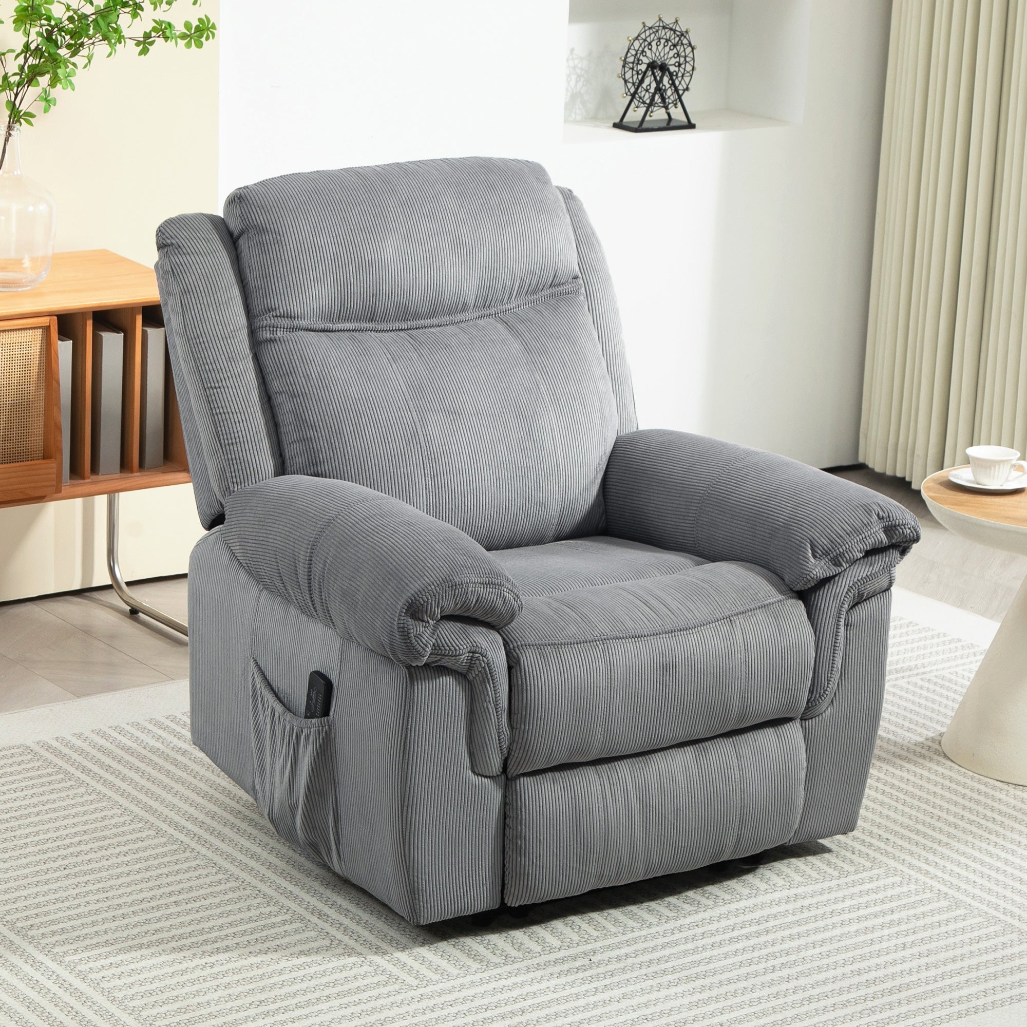 HOMCOM Manual Recliner Chair with Vibration Massage, Side Pockets, Corduroy Reclining Chair for Living Room, Grey 