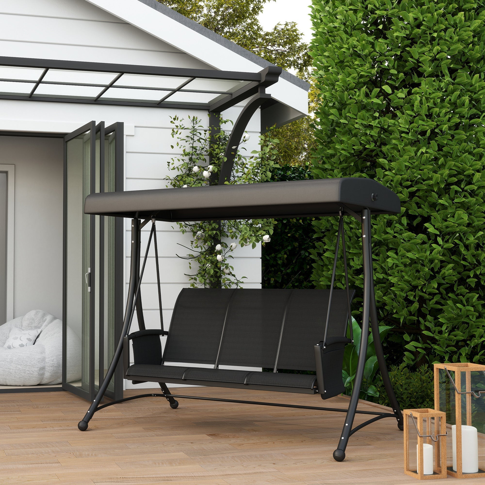 Outsunny 3 Person Outdoor Porch Swing Chair with Adjustable Canopy, Black 