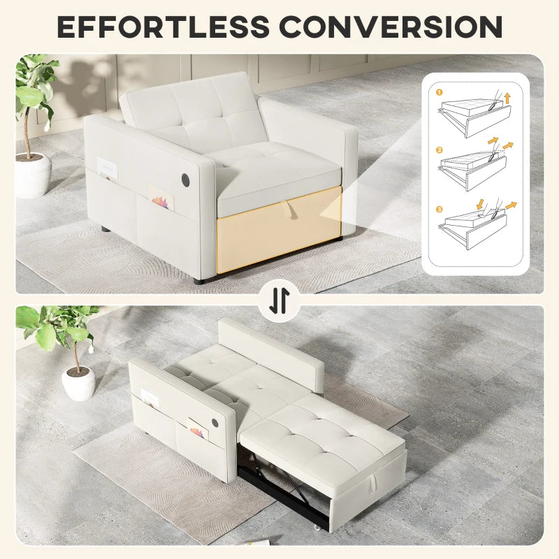Convertible Chair Bed, Pull Out Sleeper Chair with USB, Adjustable Backrest, Small Velvet Futon Sofa Bed, Cream White