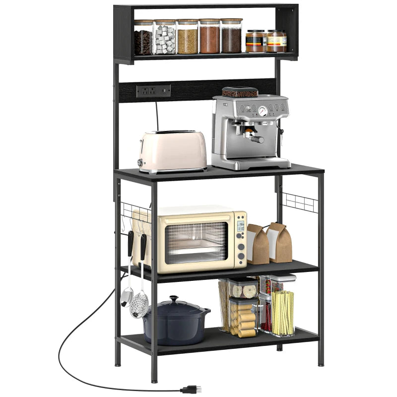 Baker's Rack with Charing Station, Microwave Shelf with Power Outlet, USB Charger and 5 Hooks, Black