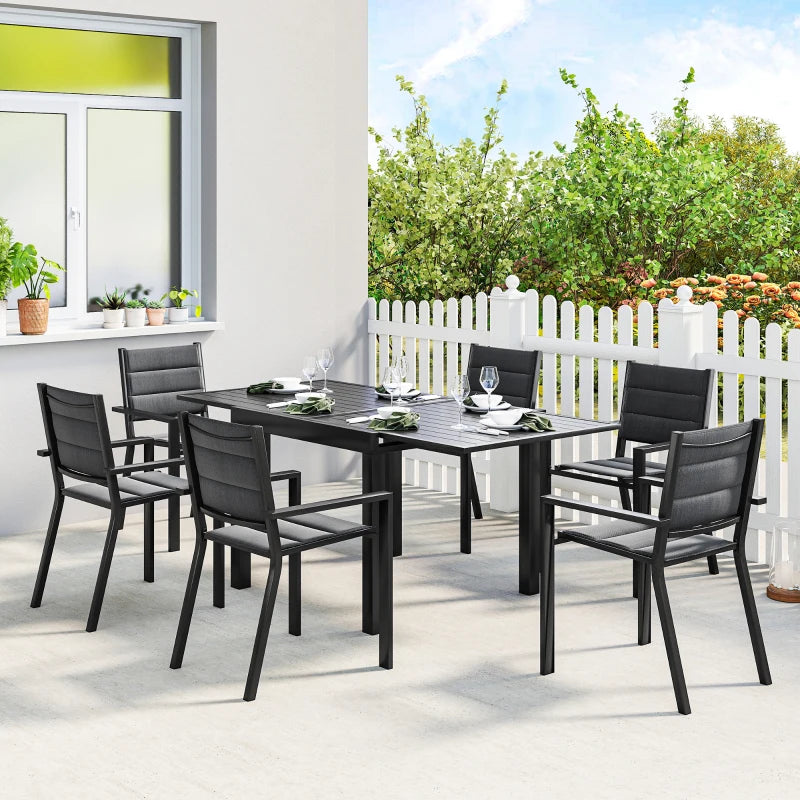 Patio Dining Set for 6, Aluminum Expandable Outdoor Table and 6 Stackable Chairs with Padded Back, Mesh Seat, Black
