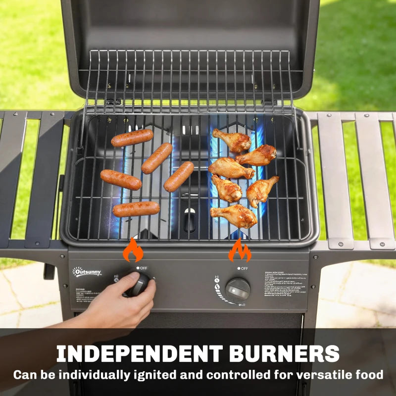 Outsunny 2-Burner Propane Gas Grill, 18000 BTU BBQ Grill with Wheels, Warming Rack, Shelf, Thermometer, Grease Cup, Black