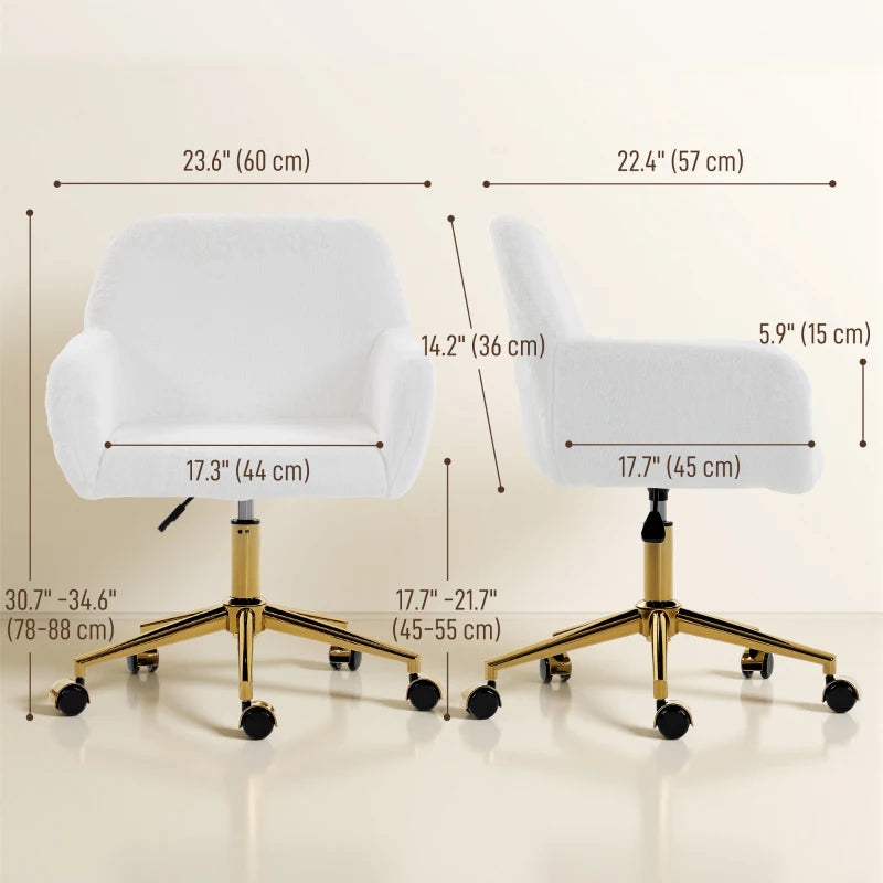 Office Chair, Faux Rabbit Fur Upholstered Vanity Desk Chair, Cream White