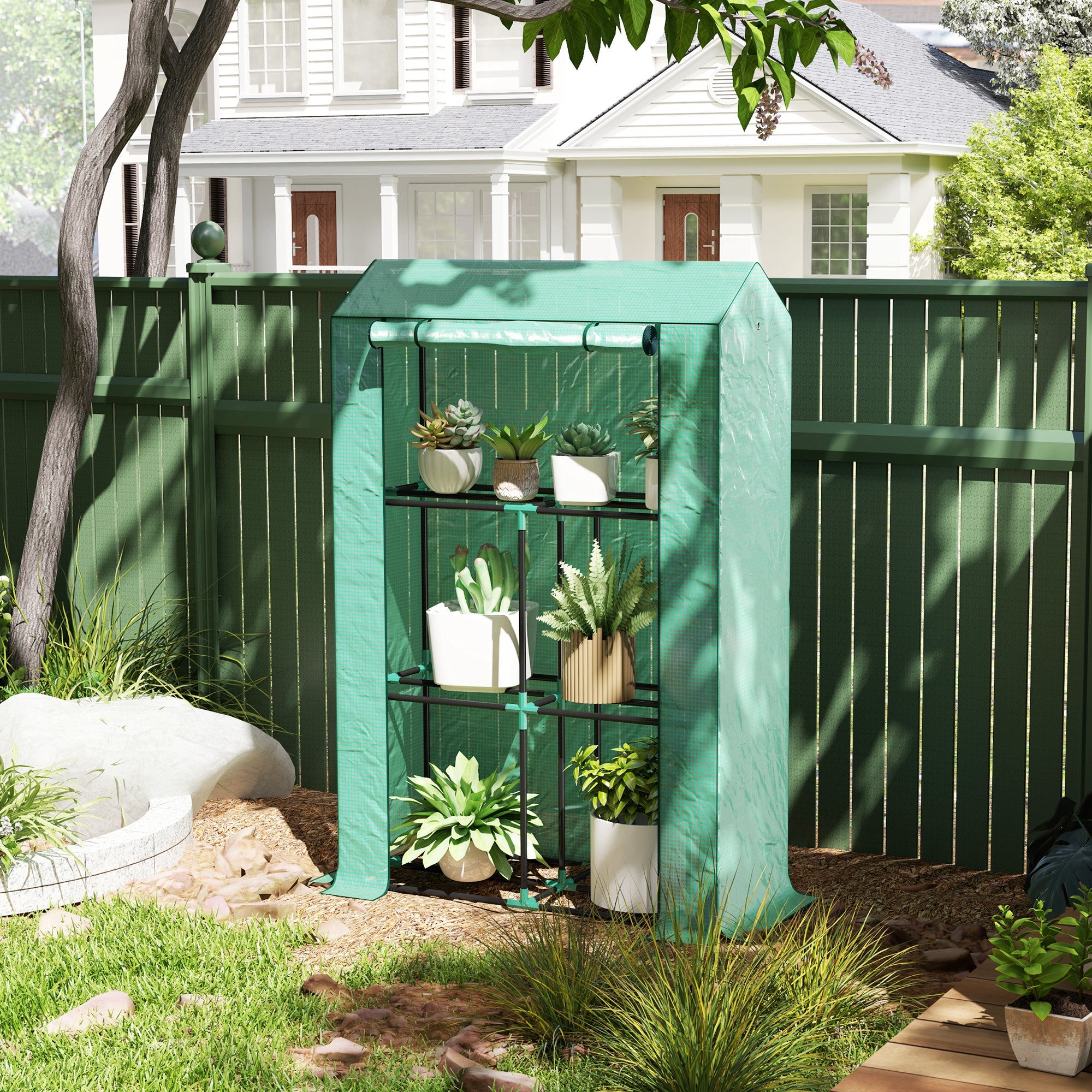 Outsunny Mini Greenhouse with 3 Tier Shelves, 3 Roll-Up Doors for Indoor Outdoor, Green 