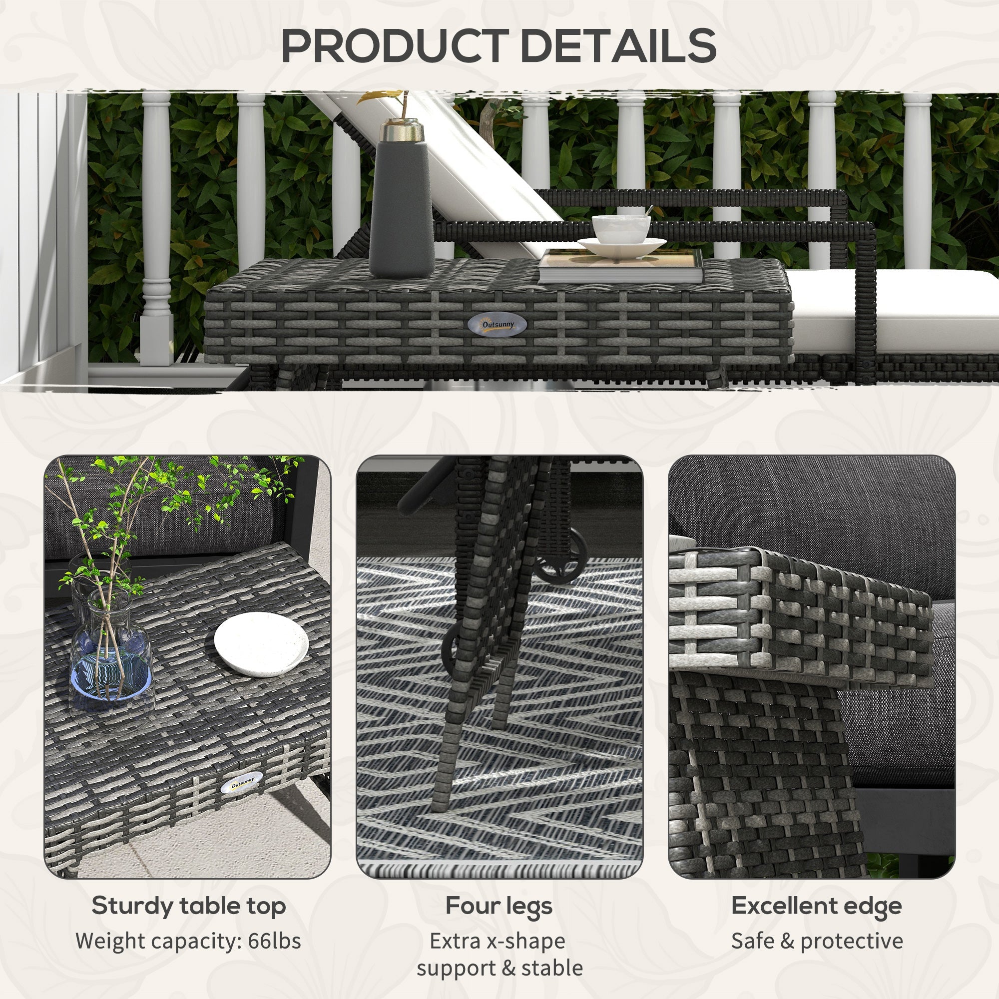 Outsunny Rattan Foldable End Table Outdoor Metal Frame Patio Wicker Coffee Table for Poolside Lawn Garden Mixed Grey 