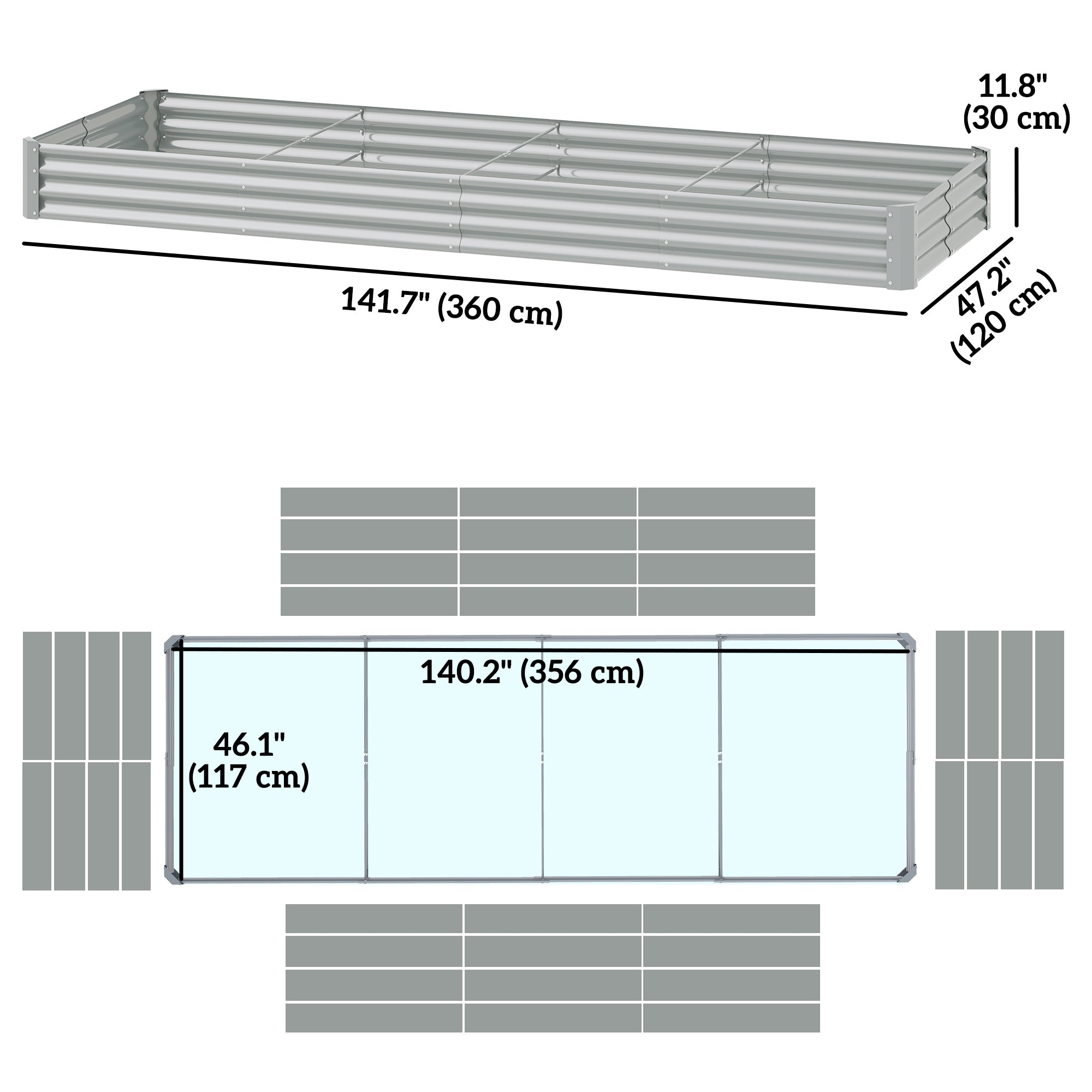 Outsunny 12 x 4 x 1ft Galvanized Raised Garden Bed, Reinforced Outdoor Planter Box with Open Bottom, Silver 