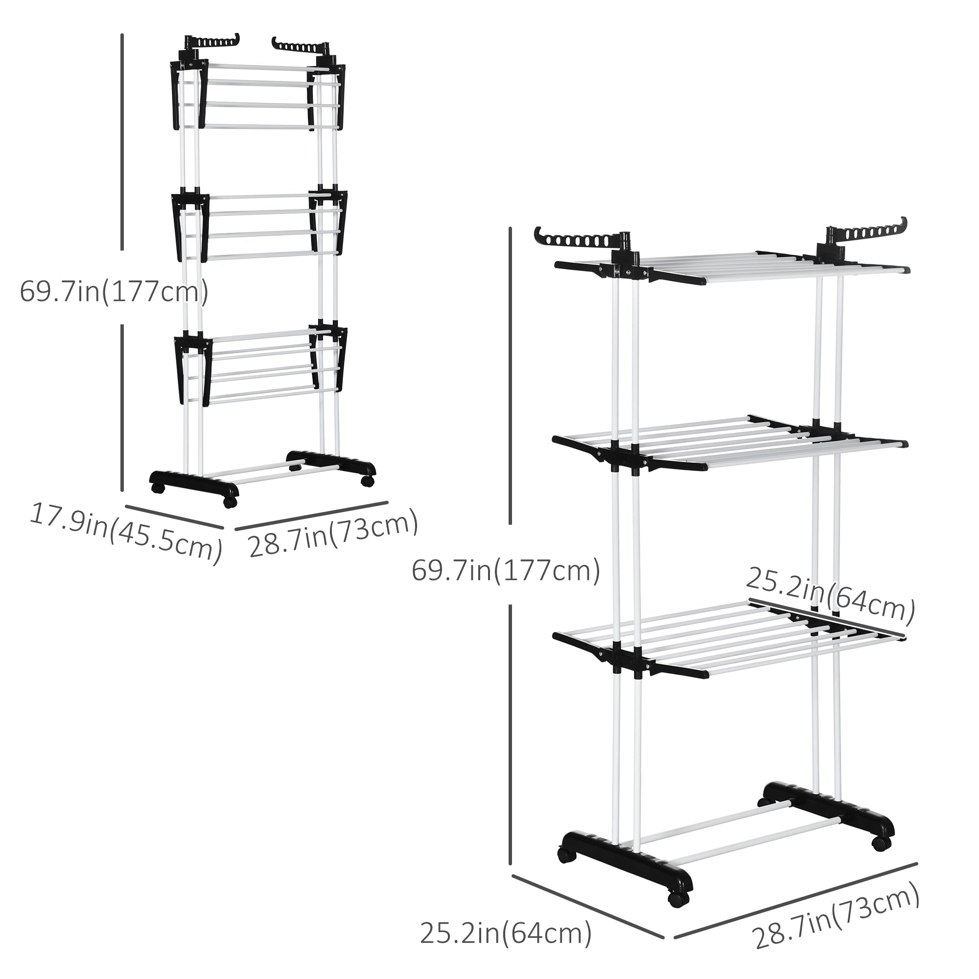 HOMCOM 4-Tier Foldable Clothes Drying Rack with Side Wings & Castors Steel Laundry Rack for Indoor/Outdoor Use Black 