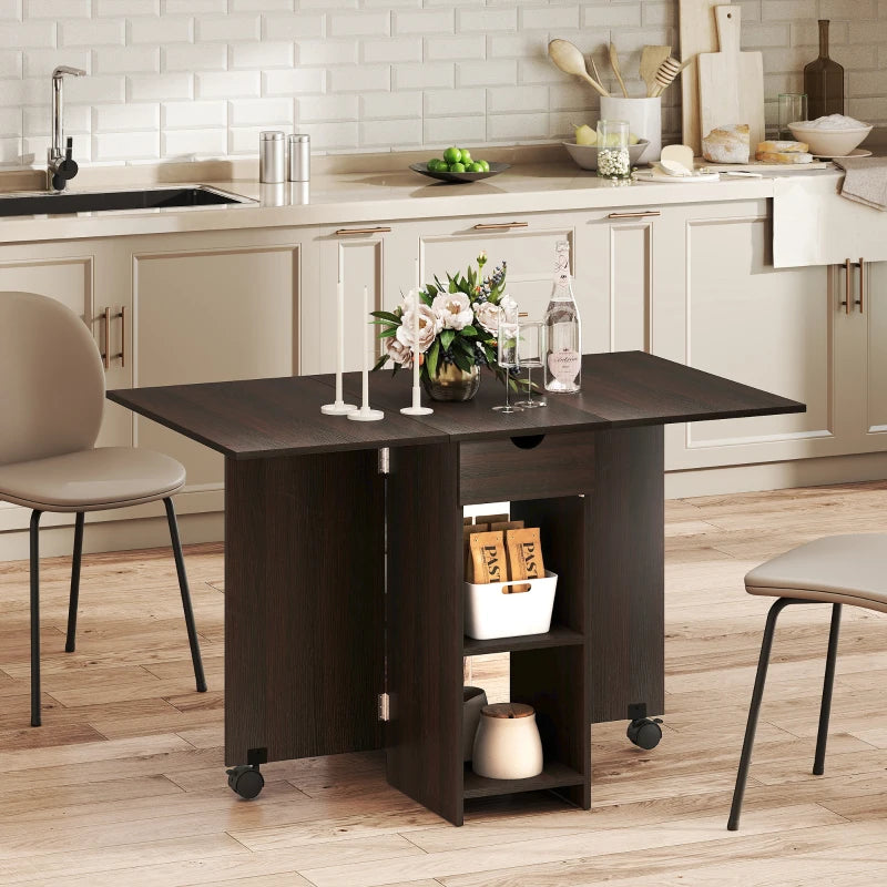 Folding Dining Table, Space Saving Drop Leaf Table with Drawer and Storage Shelves for Kitchen, Dining Room, Dark Brown