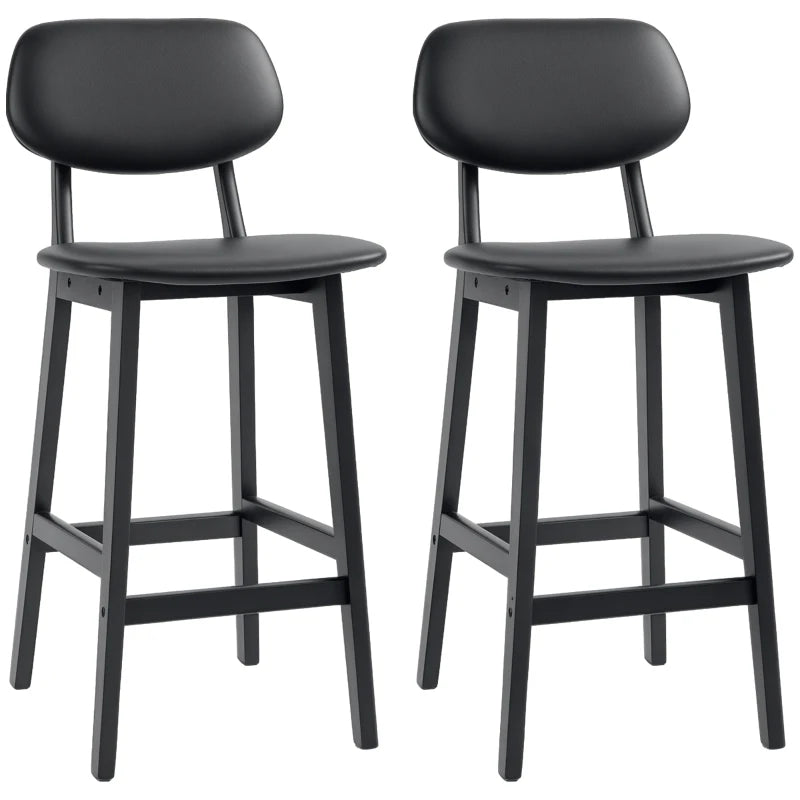 Bar Stools Set of 2, PU Leather Counter Height Barstools, Bar Chairs with Footrest and Solid Wood Legs, Black