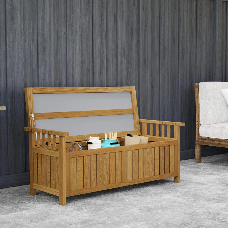 Wooden Bench with Storage Box, Outdoor Exterior Bench with Armrests for Patio Garden Balcony, Brown