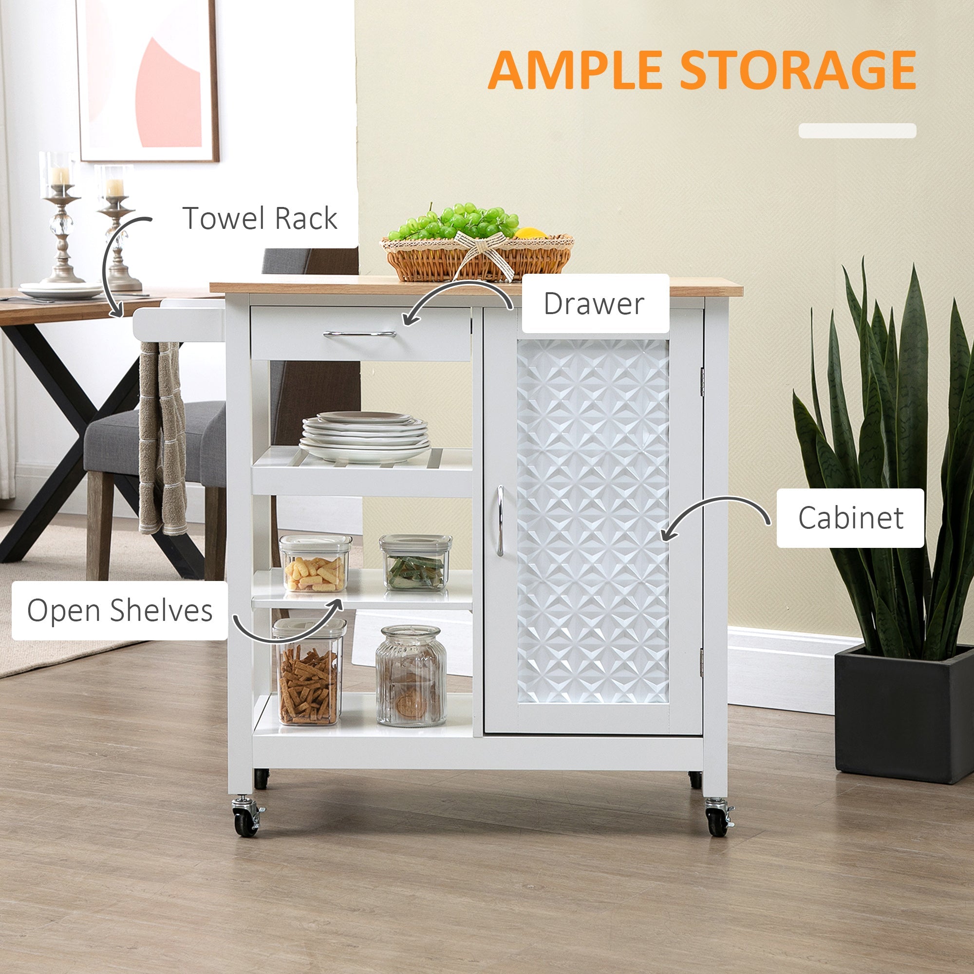 HOMCOM Kitchen Craft: Wheeled Cart with Embossed Door Panel, Storage Drawer, White Utility Island 