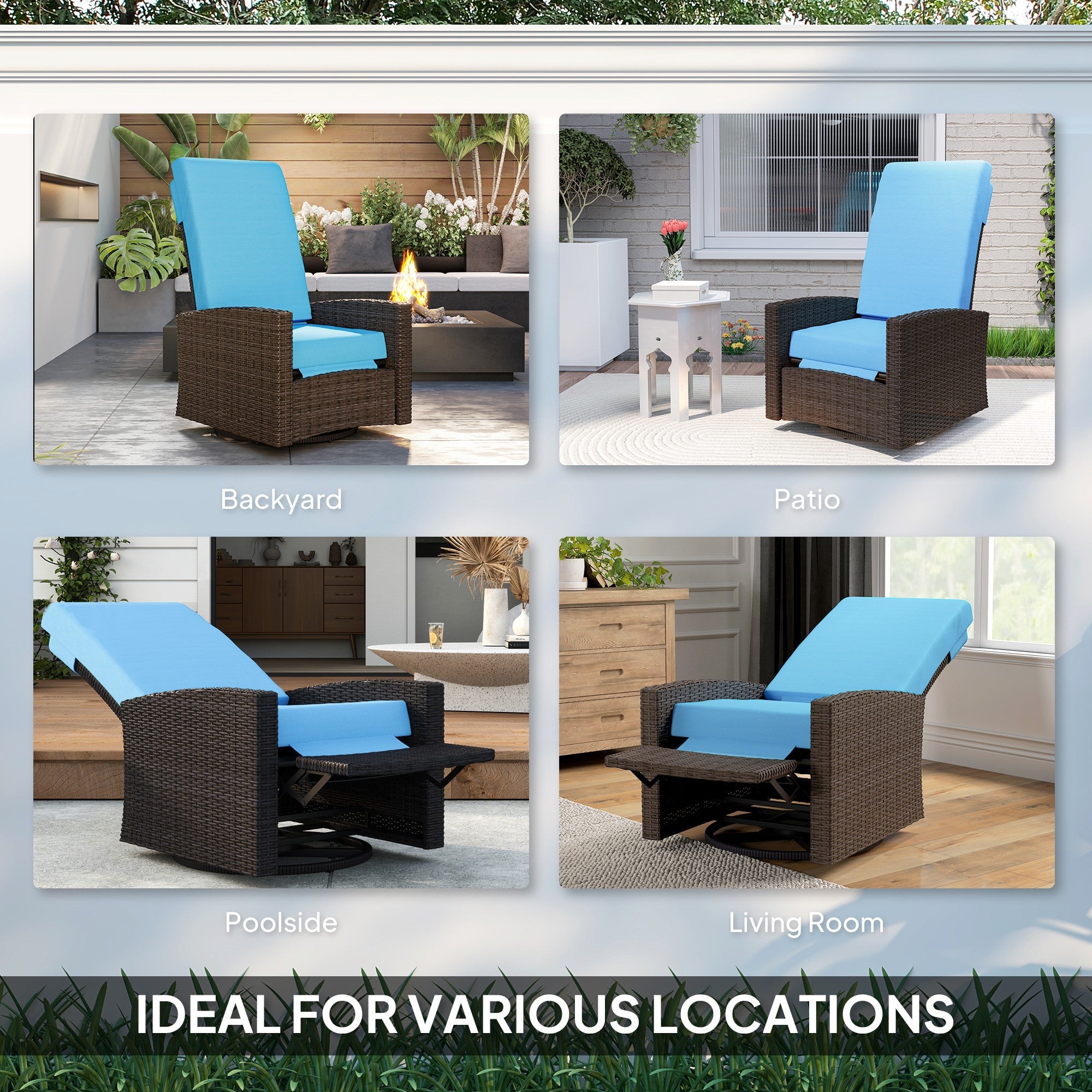 Outsunny Outdoor Rattan Wicker Lounge Chair with Footrest & Soft Cushion for Patio, Garden, Backyard, Sky Blue 