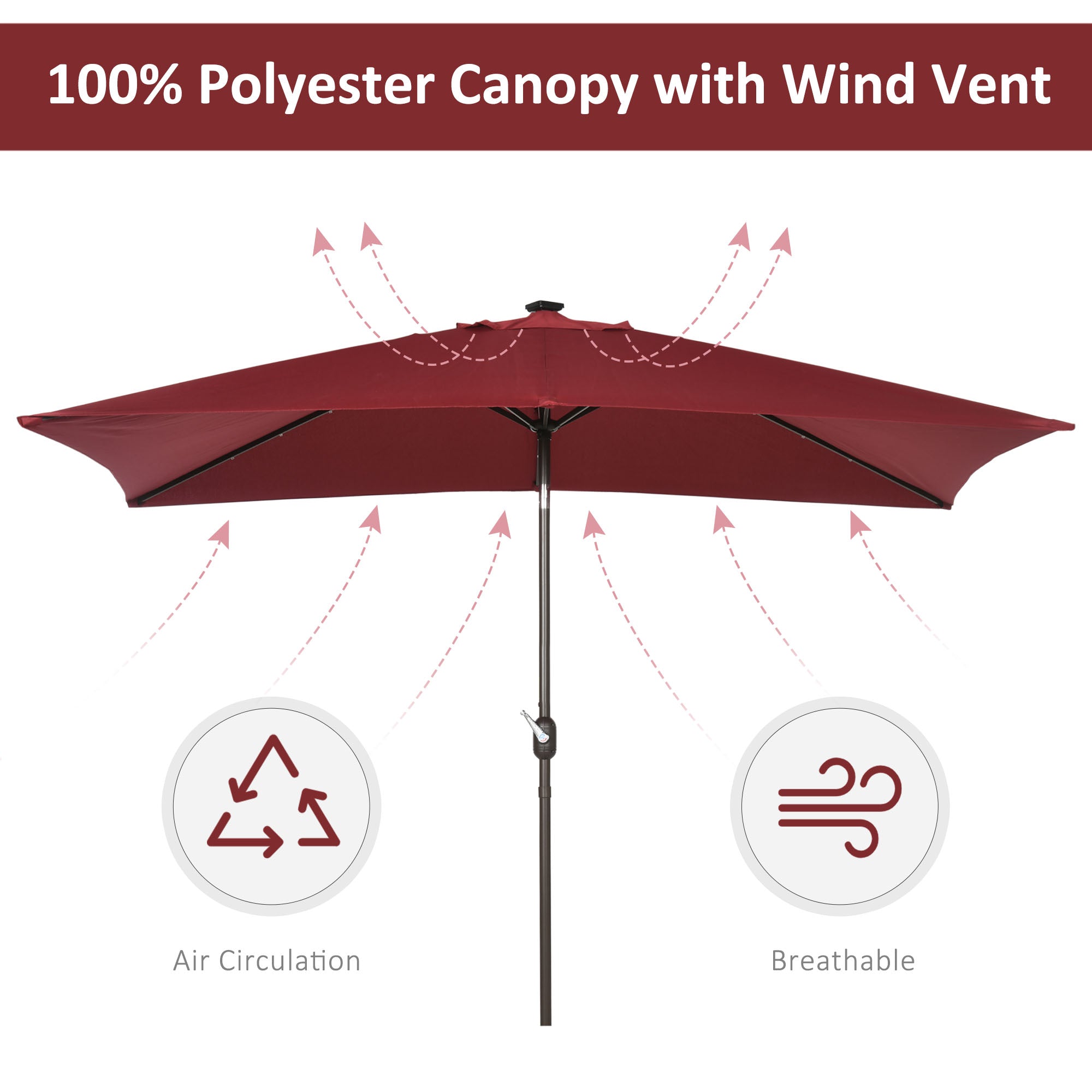 Outsunny 6.5x10ft Patio Umbrella Rectangle Solar Powered Tilt Aluminum Outdoor Market Parasol with LEDs Crank (Wine Red) 