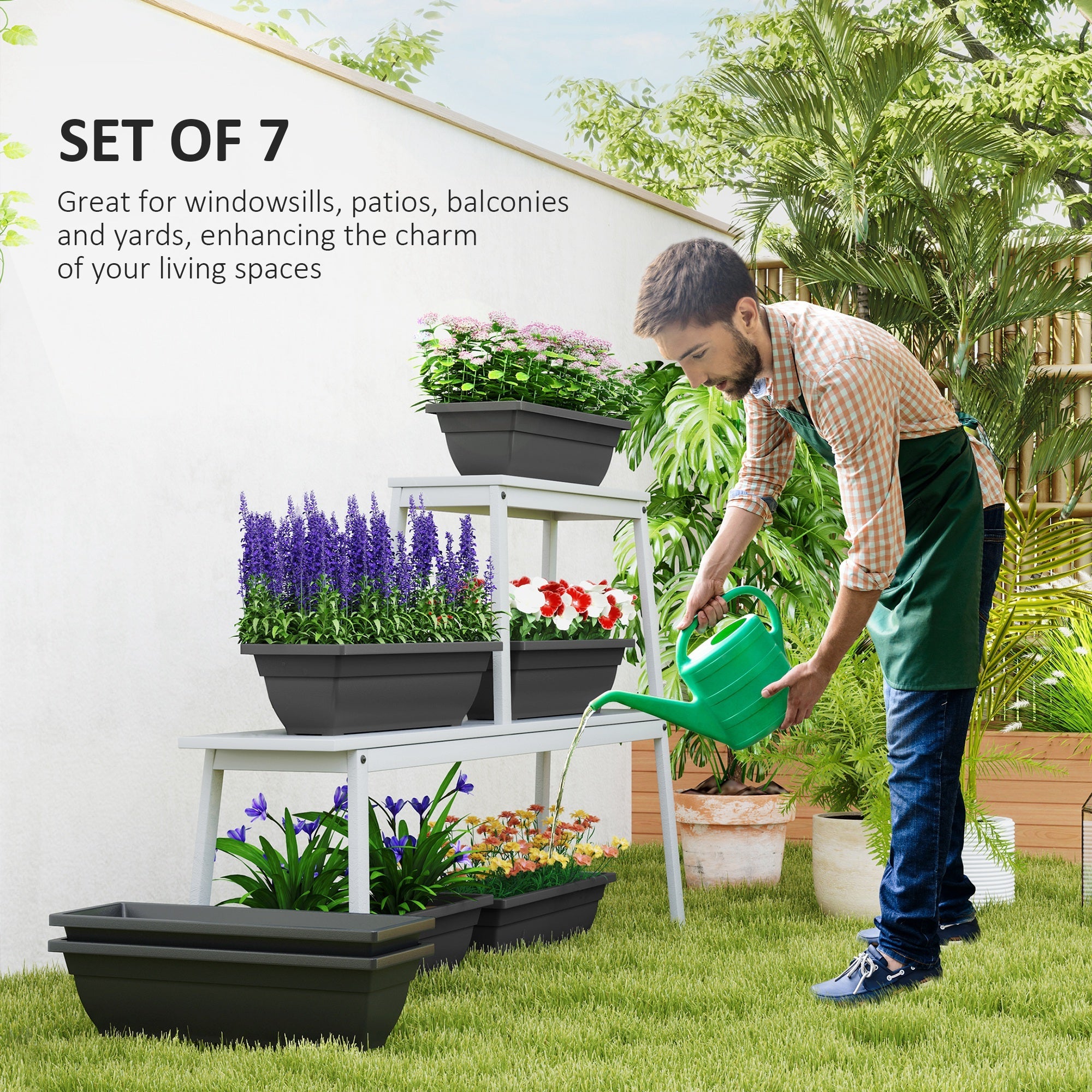 Outsunny Long Rectangular Flower Plant Pots, 7 Pack 23 Inches Window Boxes Planters for Windowsill, Garden, Black 