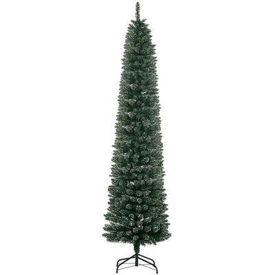 HOMCOM 7.5FT Artificial Snow Dipped Christmas Tree Xmas Pencil Tree Holiday Home Indoor Decoration with Foldable Black Stand, Green 