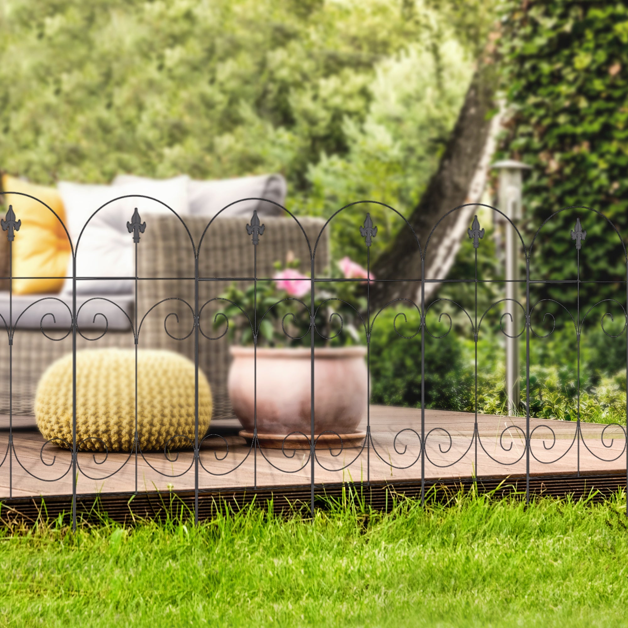 Outsunny Metal Garden Fence Panels 8 Pack Scrollworks Spears Design Animal Barrier Patio Yard Border 