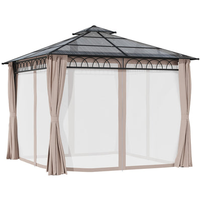 Outsunny 9' x 10' Outdoor Hardtop Gazebo Canopy w/ Double PC Roof, Steel Frame, Nettings, Curtains for Garden Lawn Deck, Khaki 