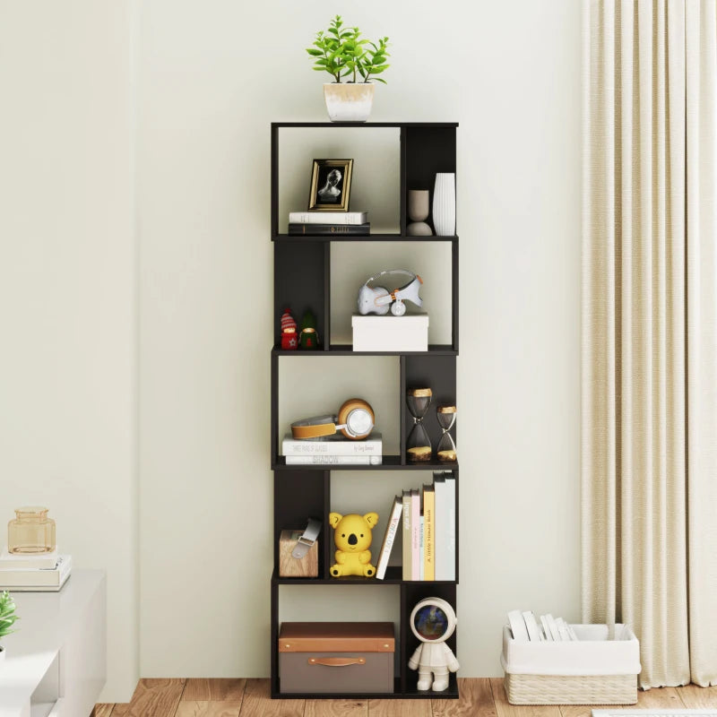 5-Tier Geometric Bookshelf, S Shaped Bookcase, Modern Freestanding Display Shelf Unit for Home Office, Black