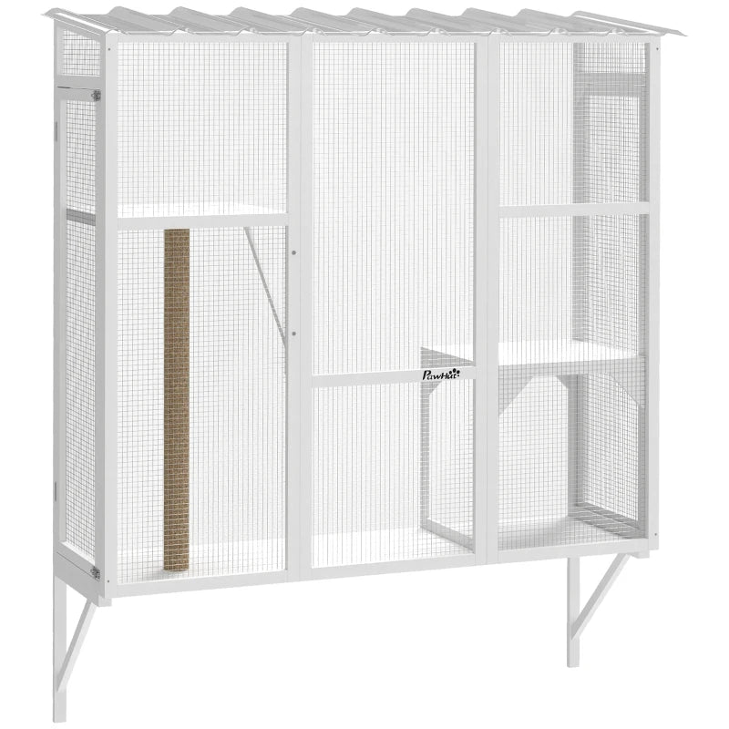 Wooden Catio Outdoor, Cat Window Box Enclosure for 2-3 Large Cats with 2 Jumping Platforms & Scratching Post, White